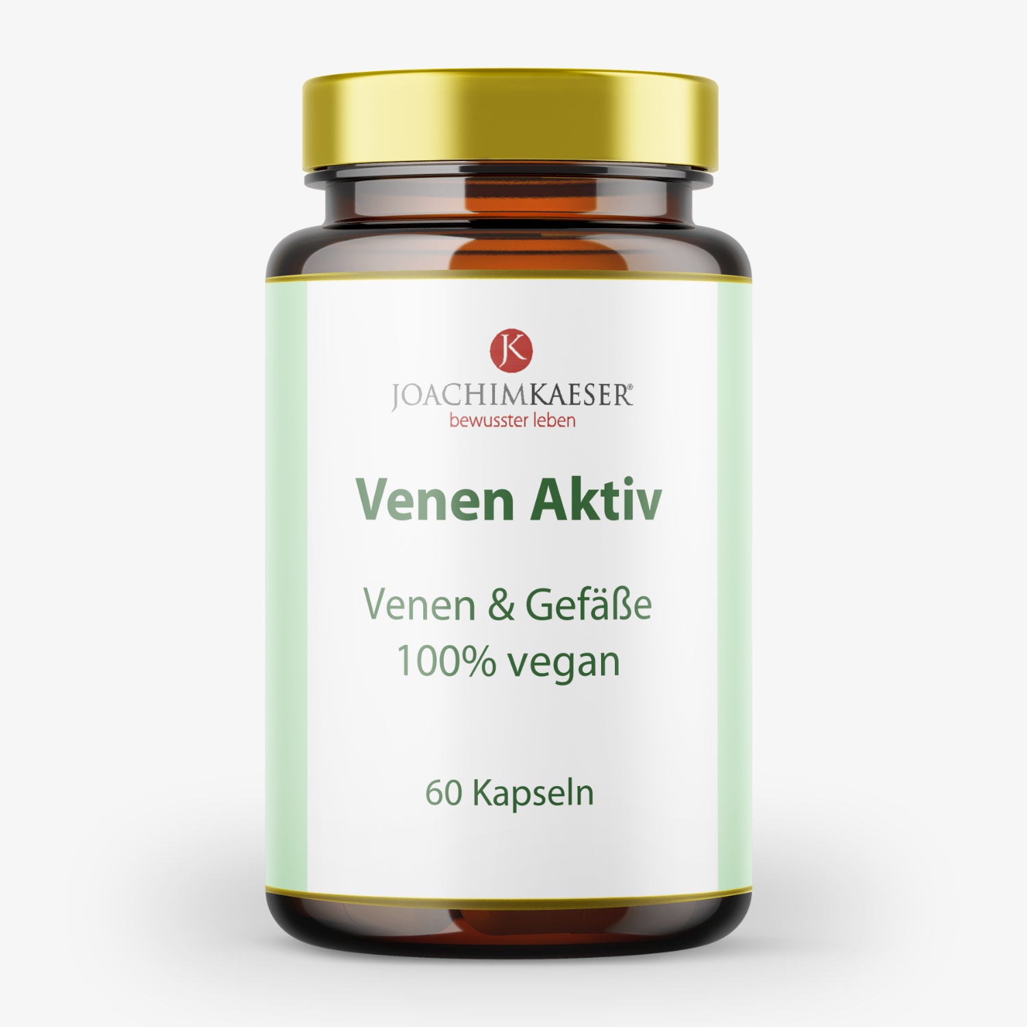 Braunes Glasgefäß mit goldfarbenem Deckel, beschriftet mit "Venen Aktiv, 100% vegan, 60 Kapseln", von Joachim Kaeser.