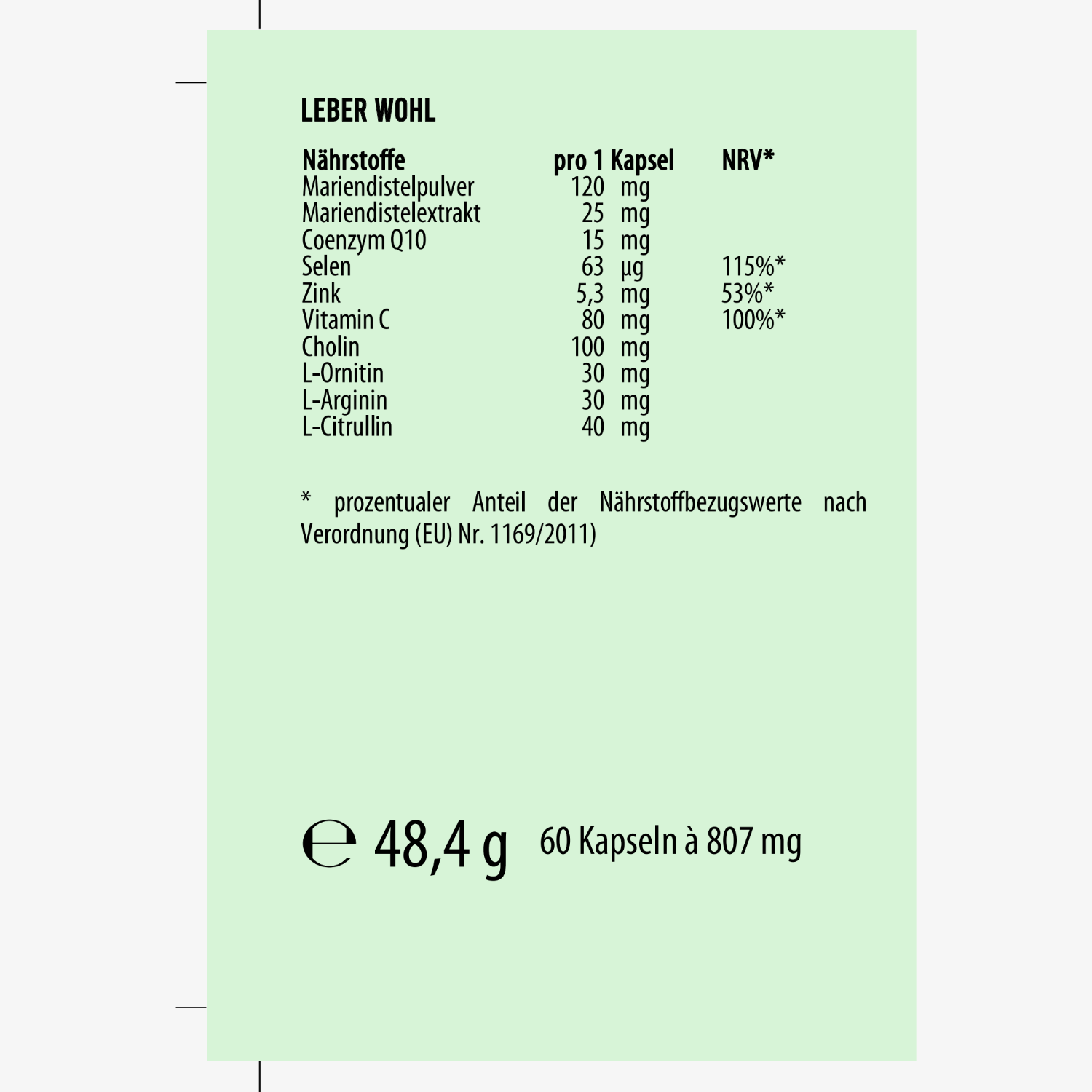 Etikett mit Nährstoffangaben für Kapseln: Mariendistelpulver, Coenzym Q10, Zink, Vitamin C und mehr. Gesamtgewicht 48,4 g.