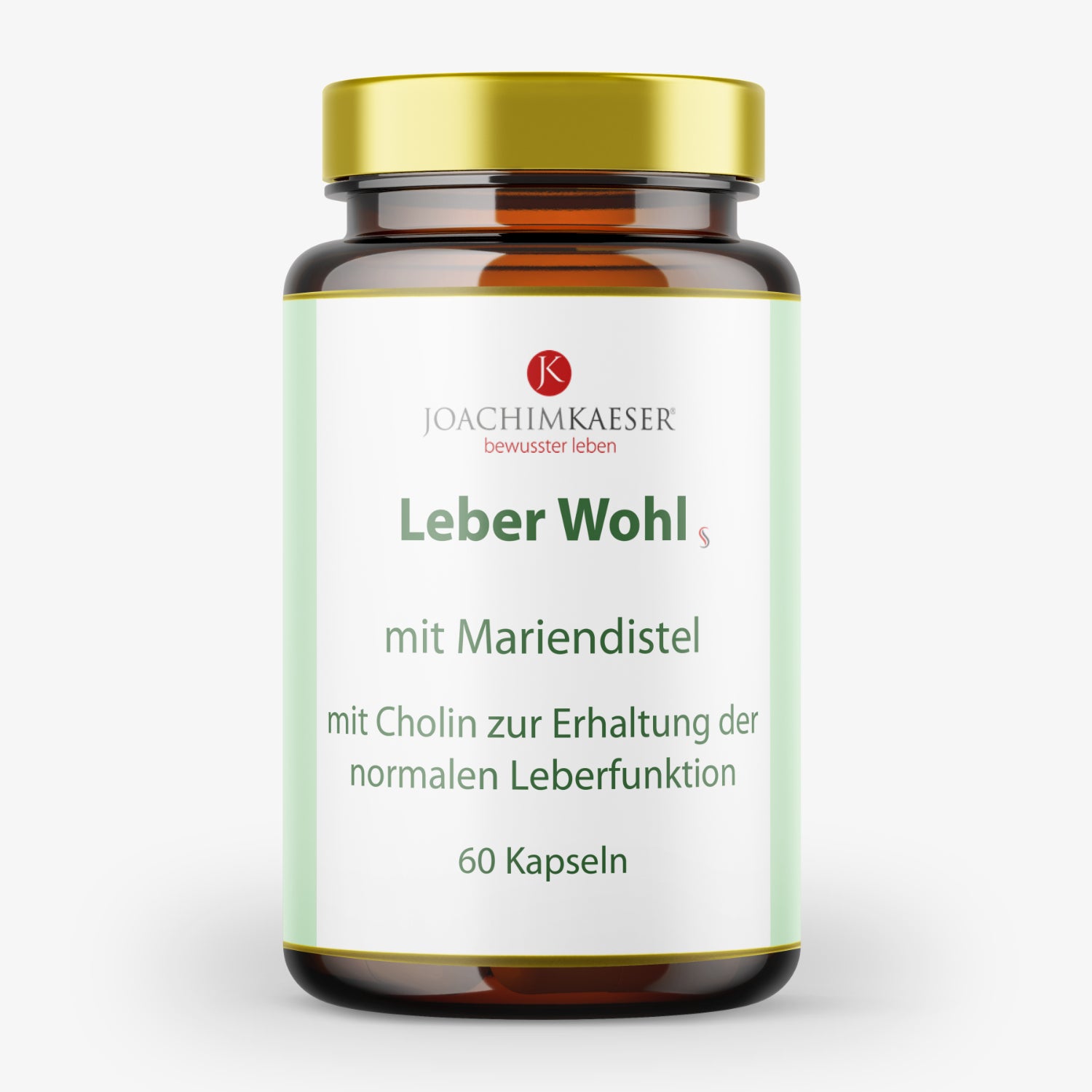 Braunes Glasgefäß von Joachim Kaeser mit der Aufschrift "Leber Wohl" und "60 Kapseln", mit goldfarbenem Deckel.