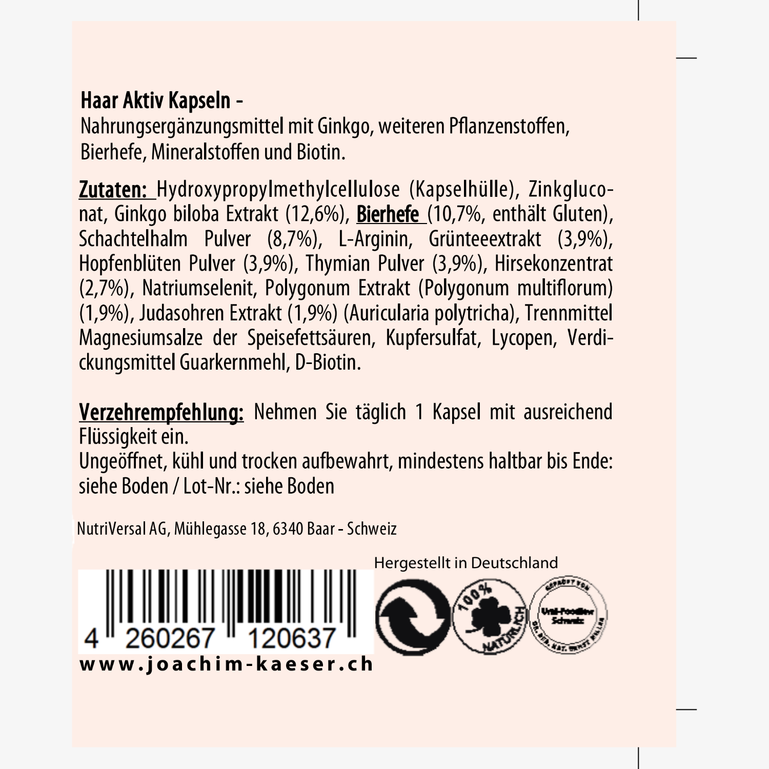 Etikett von Haar Aktiv Kapseln mit Zutatenliste, Verzehrempfehlung, Barcode und Herstellerinformationen.