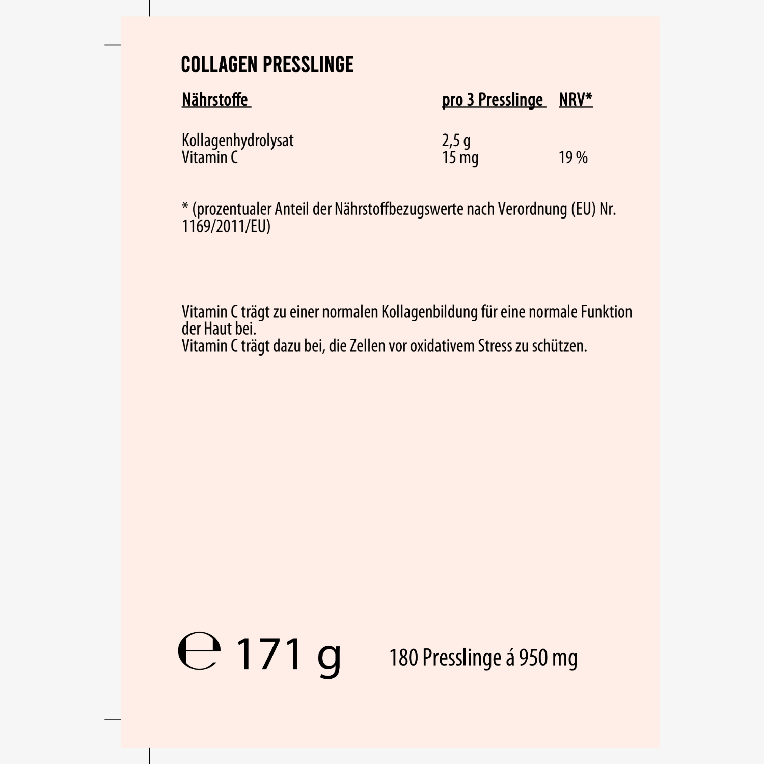 Etikett für Collagen-Presstabletten mit Nährwertangaben, darunter Kollagenhydrolysat und Vitamin C.