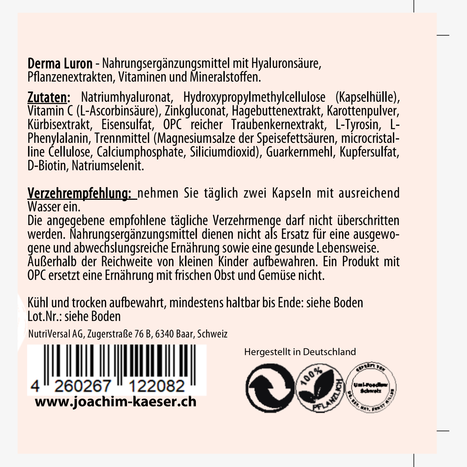 Etikett eines Nahrungsergänzungsmittels mit Zutatenliste, Verzehrempfehlung und Barcode, hergestellt in Deutschland.