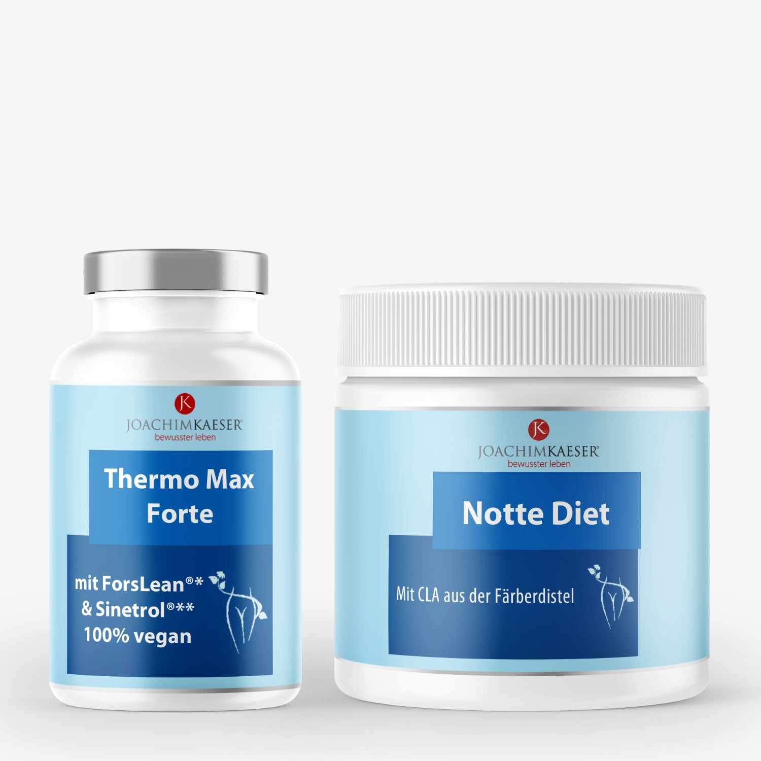 Zwei Nahrungsergänzungsmittel von Joachim Kaeser: "Thermo Max Forte" und "Notte Diet", in blauen Behältern.
