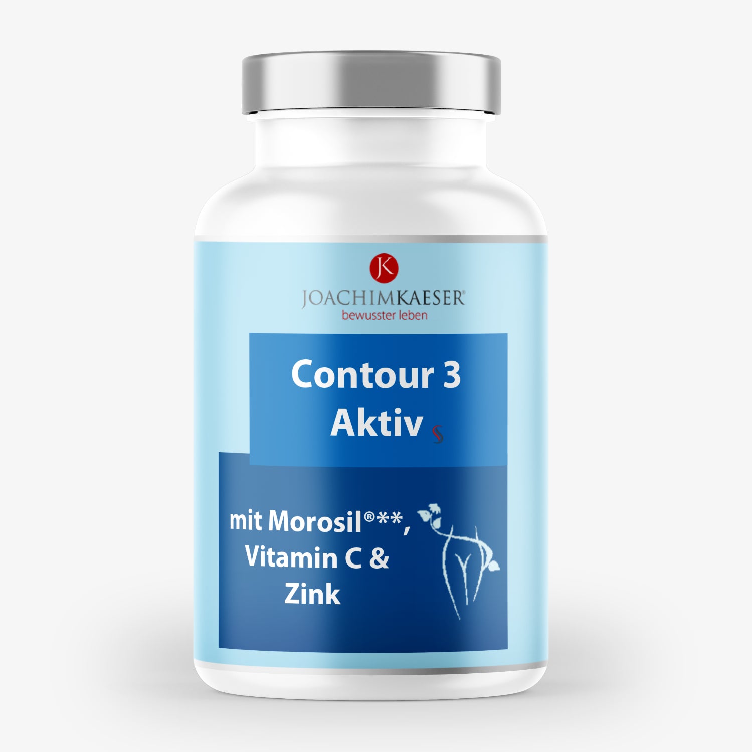 Weiße Flasche mit blauem Etikett „Contour 3 Aktiv“ von Joachim Kaeser, enthält Morosil, Vitamin C und Zink.