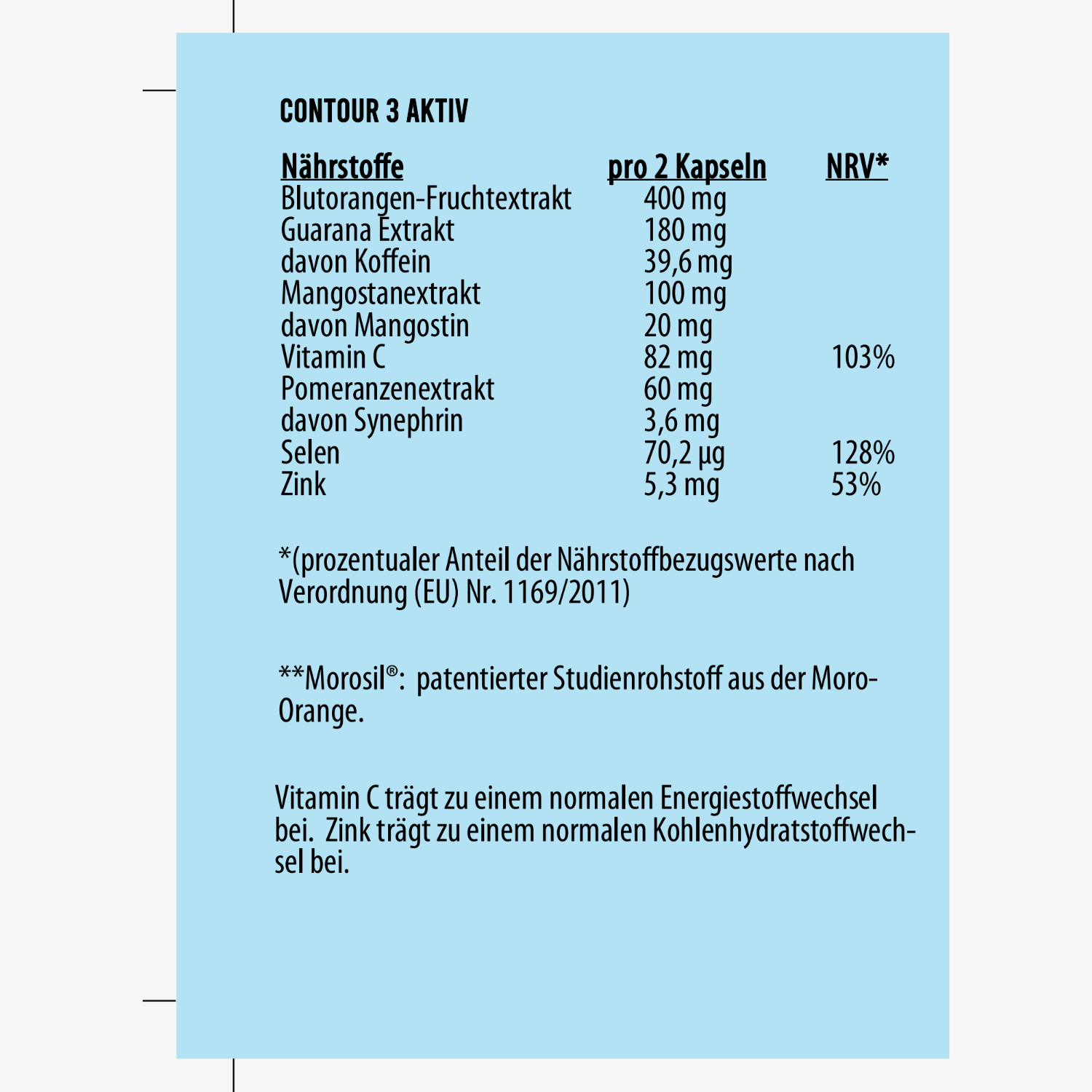 Text über die Nährstoffe in "Contour 3 Aktiv" pro 2 Kapseln und deren tägliche Referenzwerte.