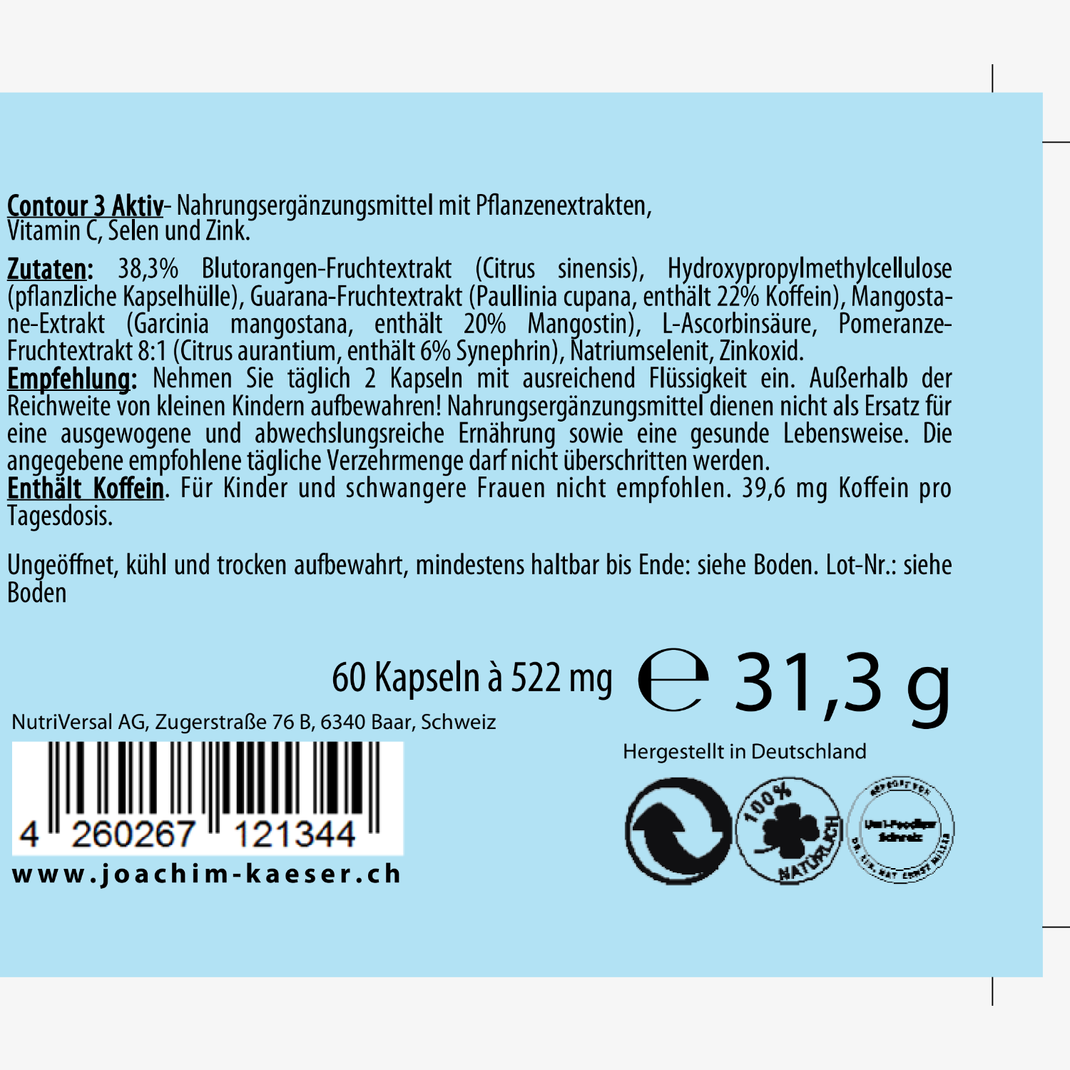 Etikett eines Nahrungsergänzungsmittels: Contour 3 Aktiv, mit Inhaltsstoffen, Verzehrempfehlungen und Herstellerinformationen.