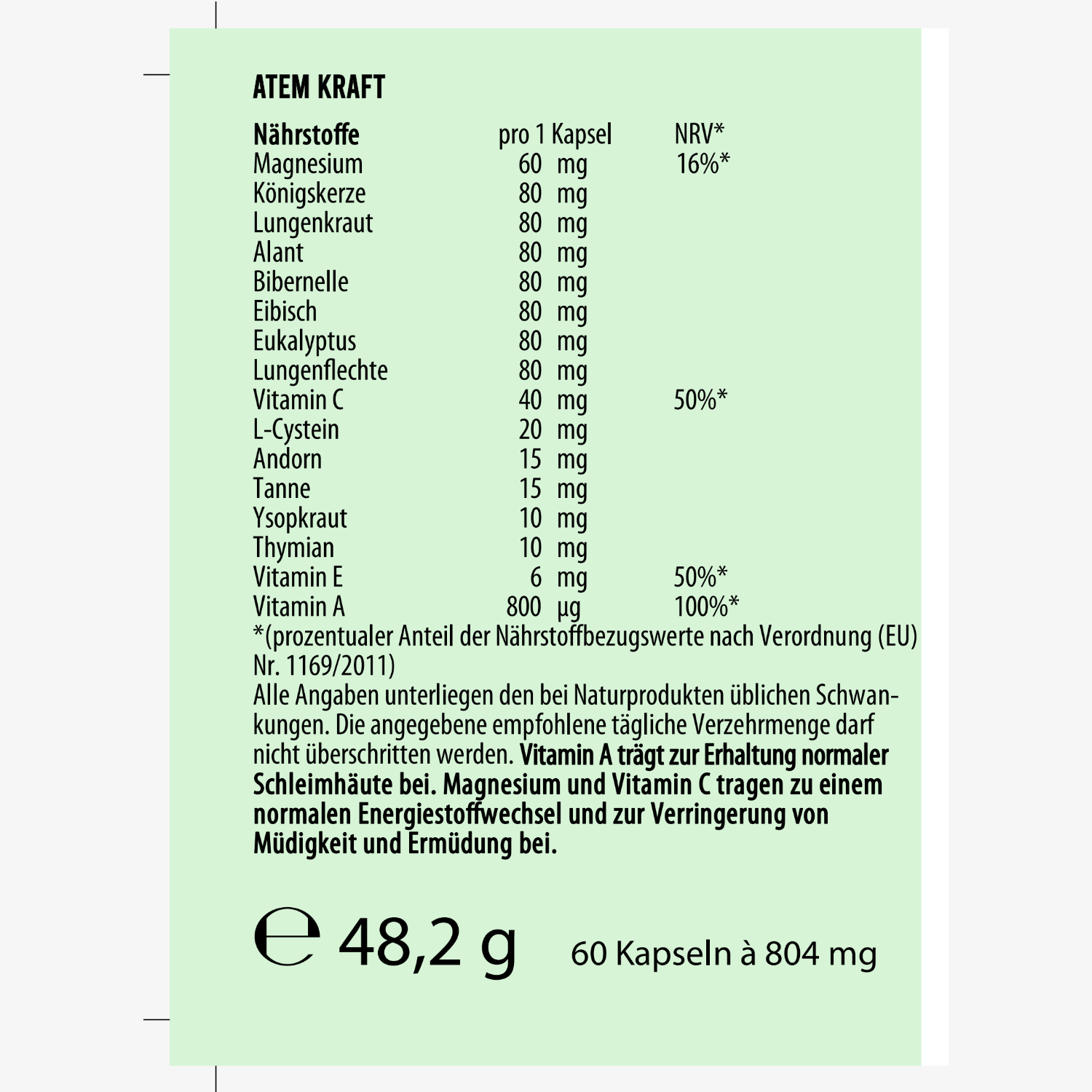 Produktetikett einer Nahrungsergänzung mit Inhaltsstoffliste, Dosierung und Prozentanteilen der empfohlenen Tageswerte.