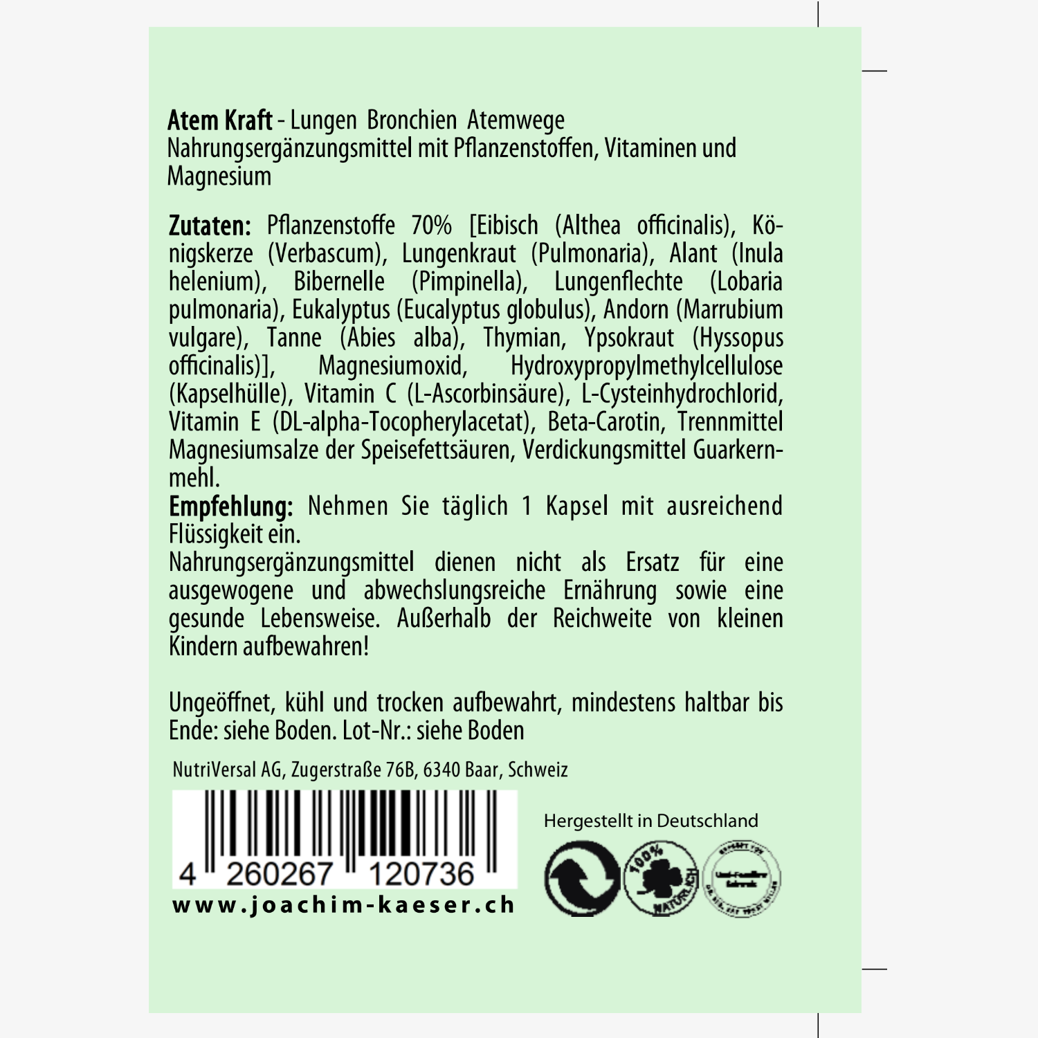 Etikett einer Nahrungsergänzung mit Pflanzenstoffen und Vitaminen, enthält Zutatenliste und Einnahmeempfehlung.