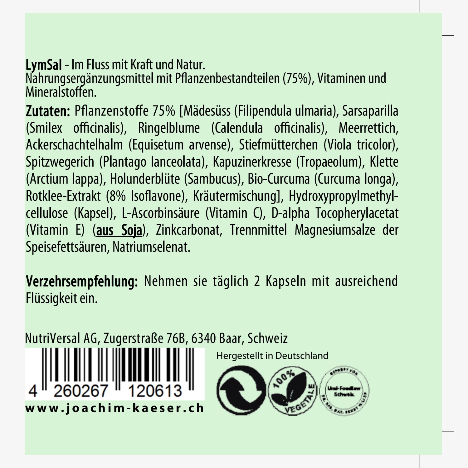 Etikett eines Nahrungsergänzungsmittels mit Zutatenliste, Verzehrempfehlung und Herstellerinformationen.