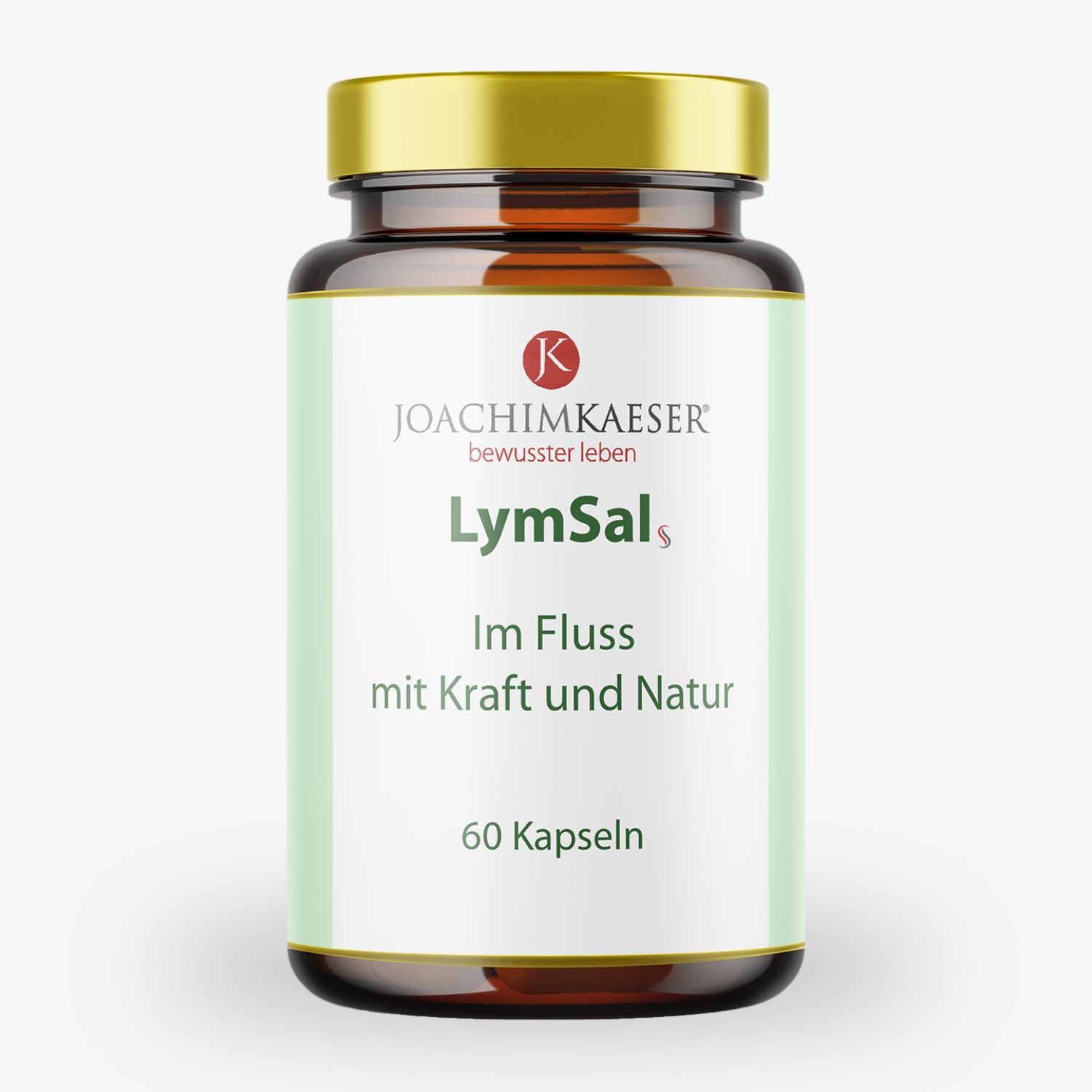 Braunes Glas mit goldenem Deckel, etikettiert mit "JOACHIM KAESER", "LymSal", "Im Fluss mit Kraft und Natur", 60 Kapseln.