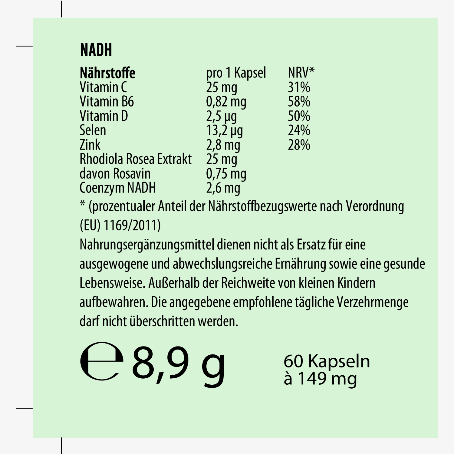 Etikett einer Nahrungsergänzung mit Inhaltsstoffen wie Vitamin C, NADH und Anweisungen zur Einnahme.