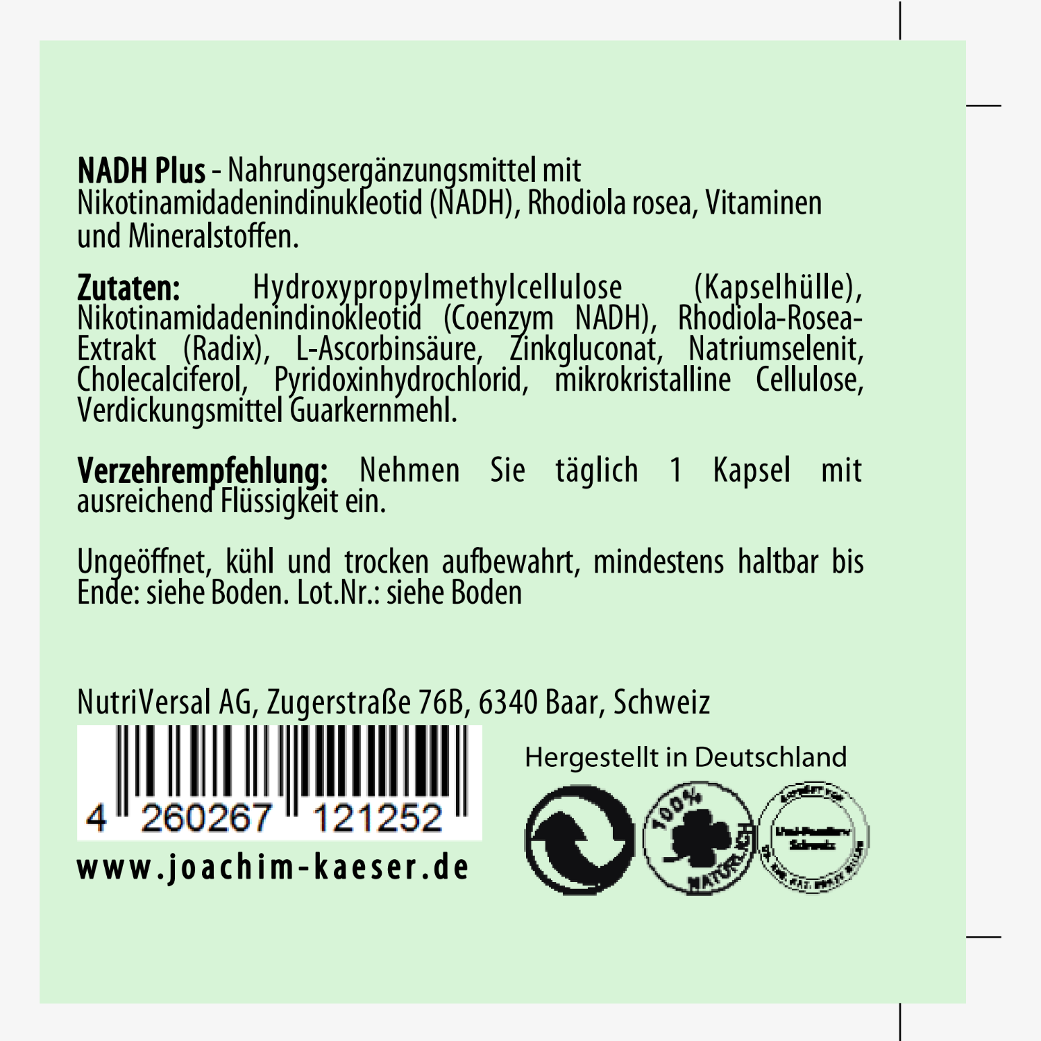 Etikett eines Nahrungsergänzungsmittels namens NADH Plus mit Zutaten, Verzehrempfehlung und Herstellerinformationen.