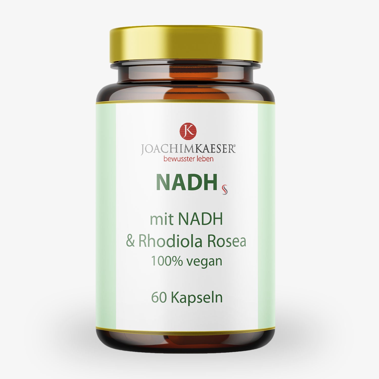 Braunes Apothekerglas mit goldenem Deckel, Etikett "NADH mit NADH & Rhodiola Rosea, 100% vegan, 60 Kapseln".