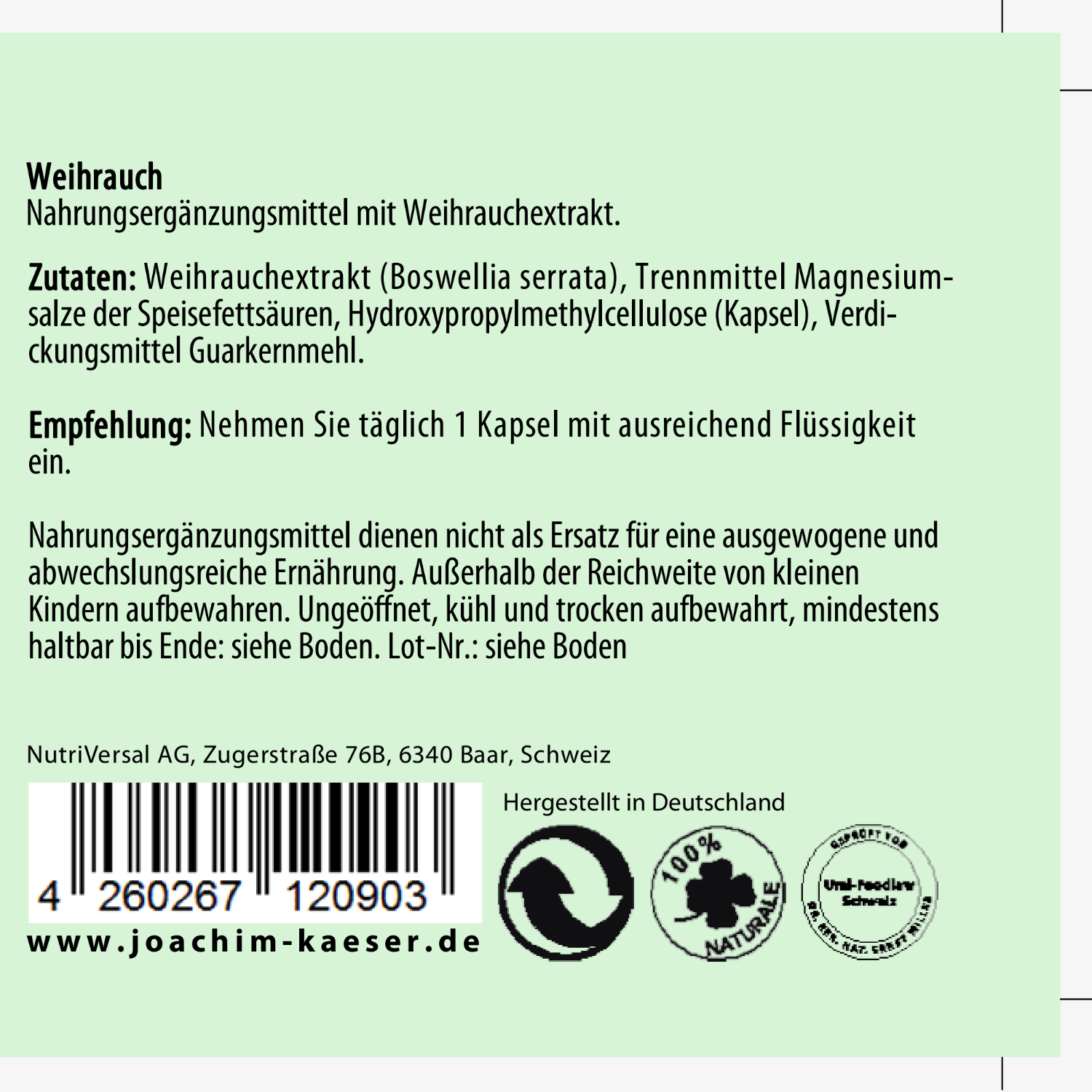 Etikett eines Nahrungsergänzungsmittels mit Weihrauchextrakt, Zutatenliste und Verzehrempfehlung auf grünem Hintergrund.