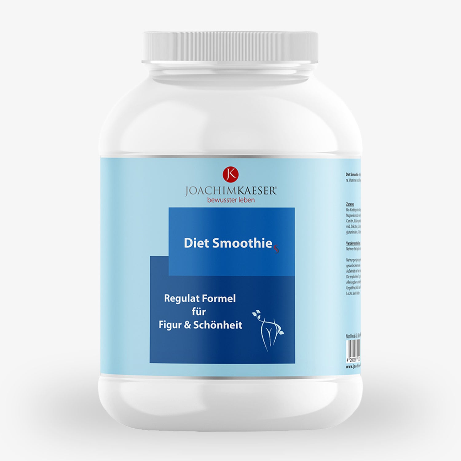 Plastikdose mit blauem Etikett, darauf steht "Diet Smoothie" mit dem Slogan "Regulat Formel für Figur & Schönheit".