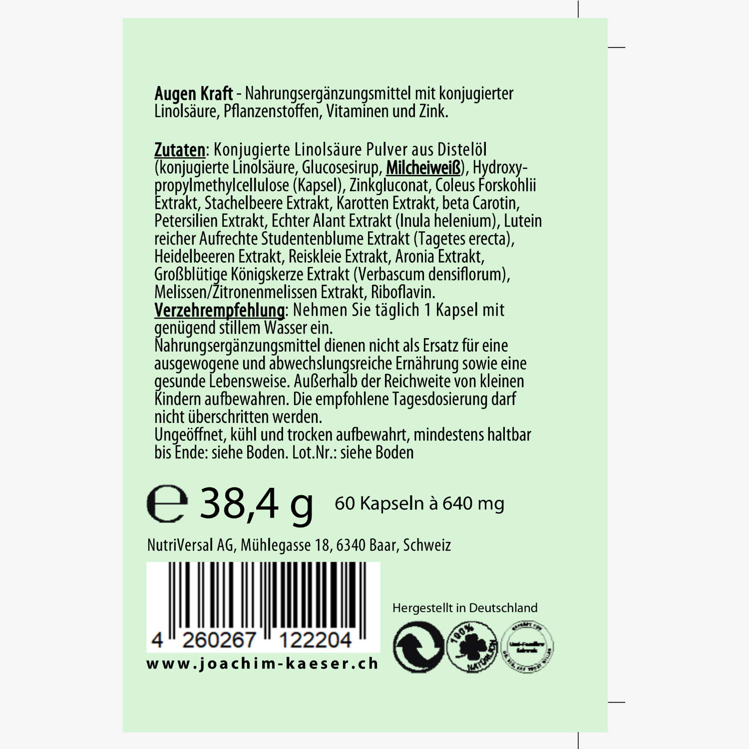 Etikett eines Nahrungsergänzungsmittels mit Inhaltsstoffen, Verzehrempfehlung und Herstellerangaben.