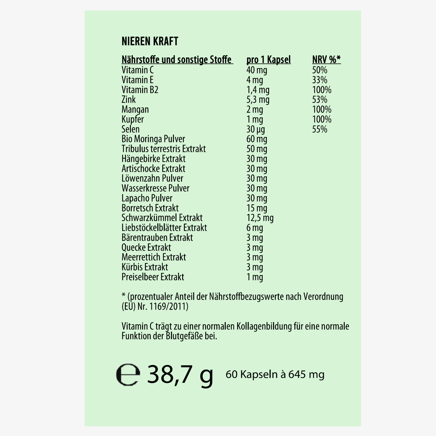 Etikett einer Nahrungsergänzung mit Inhaltsstoffen und Mengen pro Kapsel, darunter Vitamine und Pflanzenextrakte.