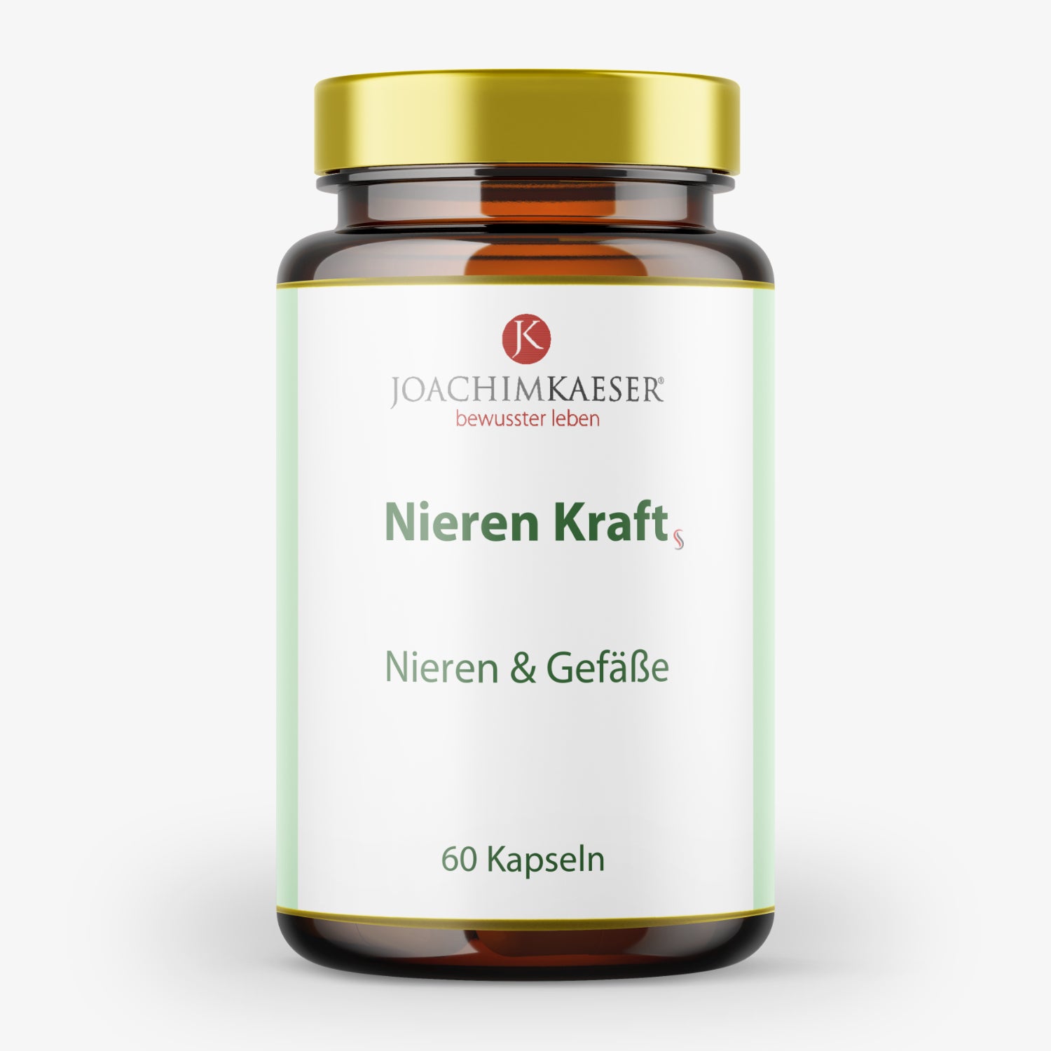 Braunes Glas mit goldenem Deckel, etikettiert mit „Joachim Kaeser Nieren Kraft, 60 Kapseln“.