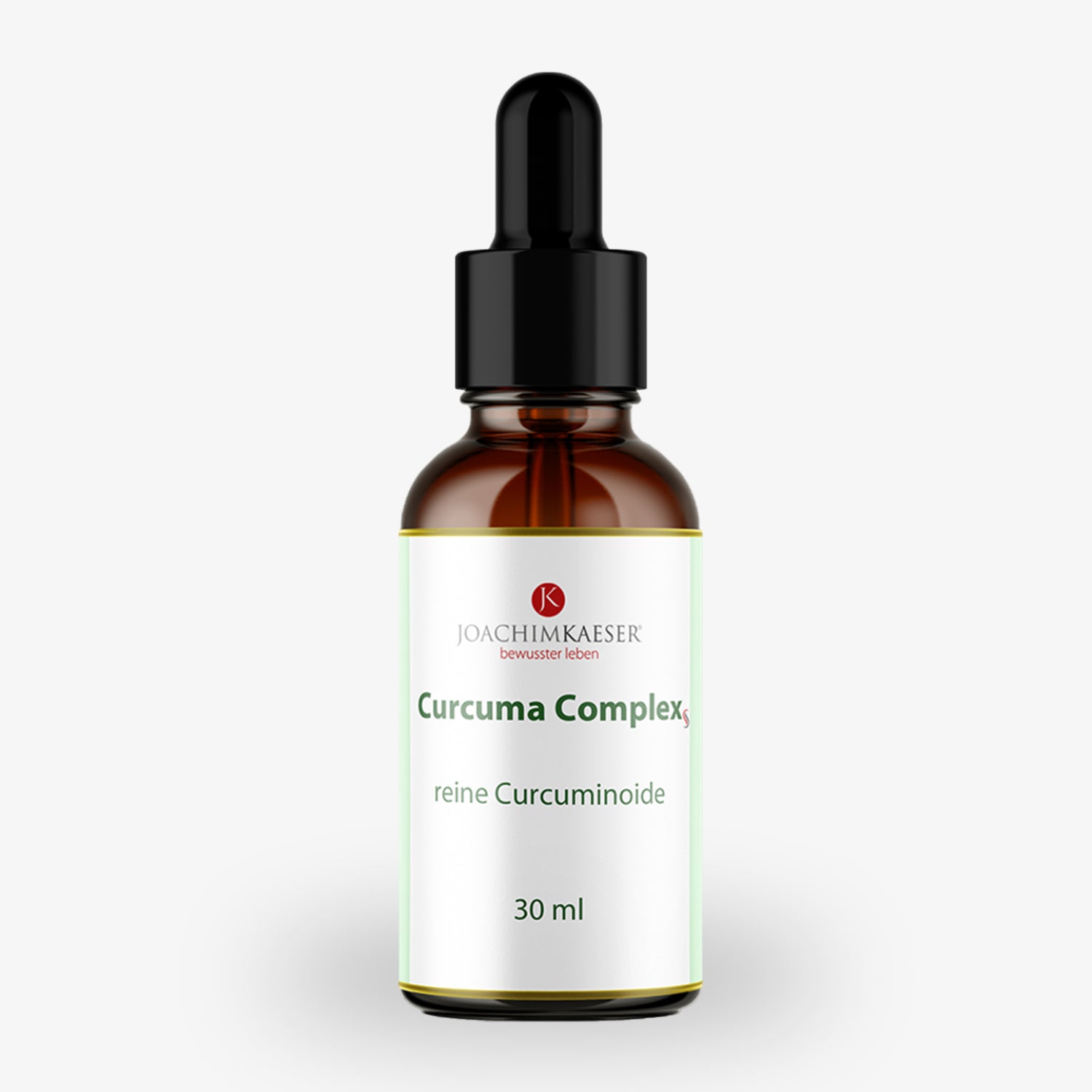 Braunes Fläschchen mit Pipette, etikettiert als "Curcuma Complex", 30 ml, von Joachim Kaeser.