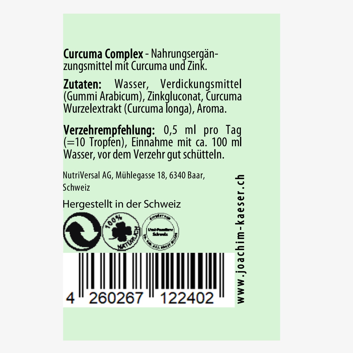 Etikett von Curcuma Complex Nahrungsergänzungsmittel mit Zutaten, Verzehrempfehlung, Herstellungsort und Barcode.