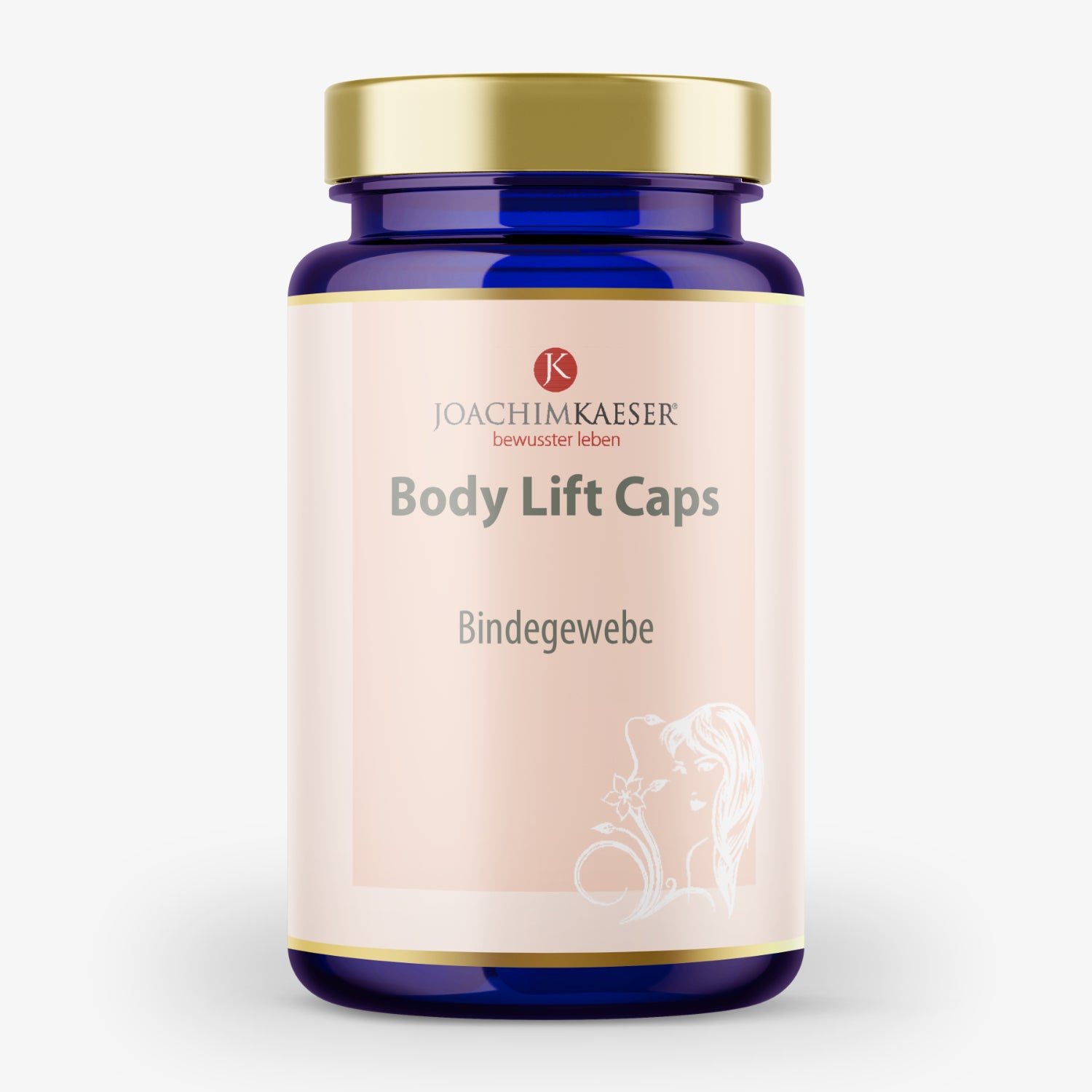 Blaues Fläschchen mit goldenem Deckel und Etikett "Body Lift Caps - Bindegewebe" von Joachim Kaeser.