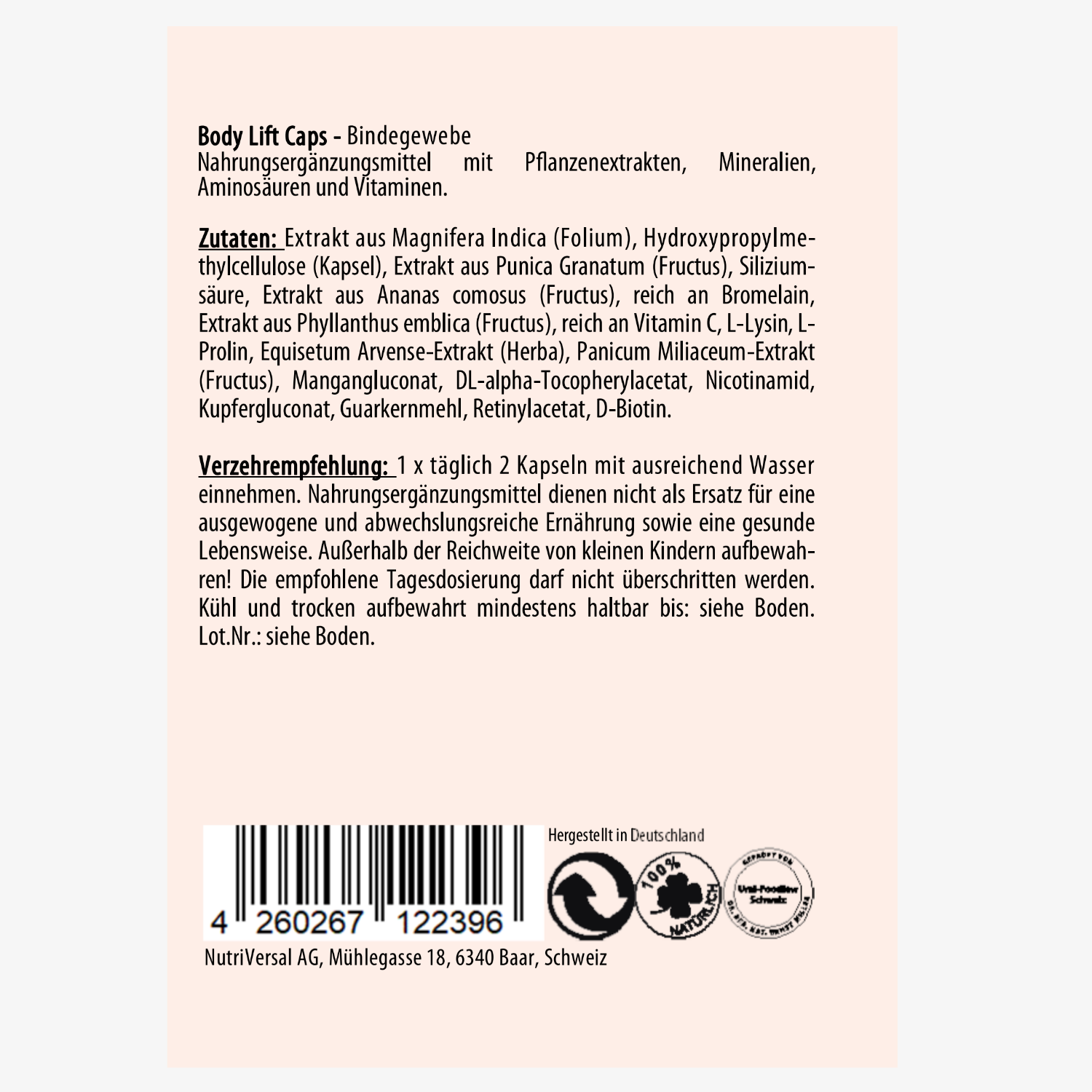 Etikett von Nahrungsergänzungsmittel: Body Lift Caps mit Zutatenliste, Verzehrempfehlung und Herstellerinformationen.