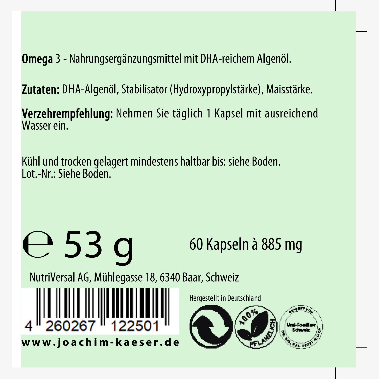 Etikettendetails eines Omega-3-Nahrungsergänzungsmittels mit DHA-Algenöl, 60 Kapseln à 885 mg, hergestellt in Deutschland.