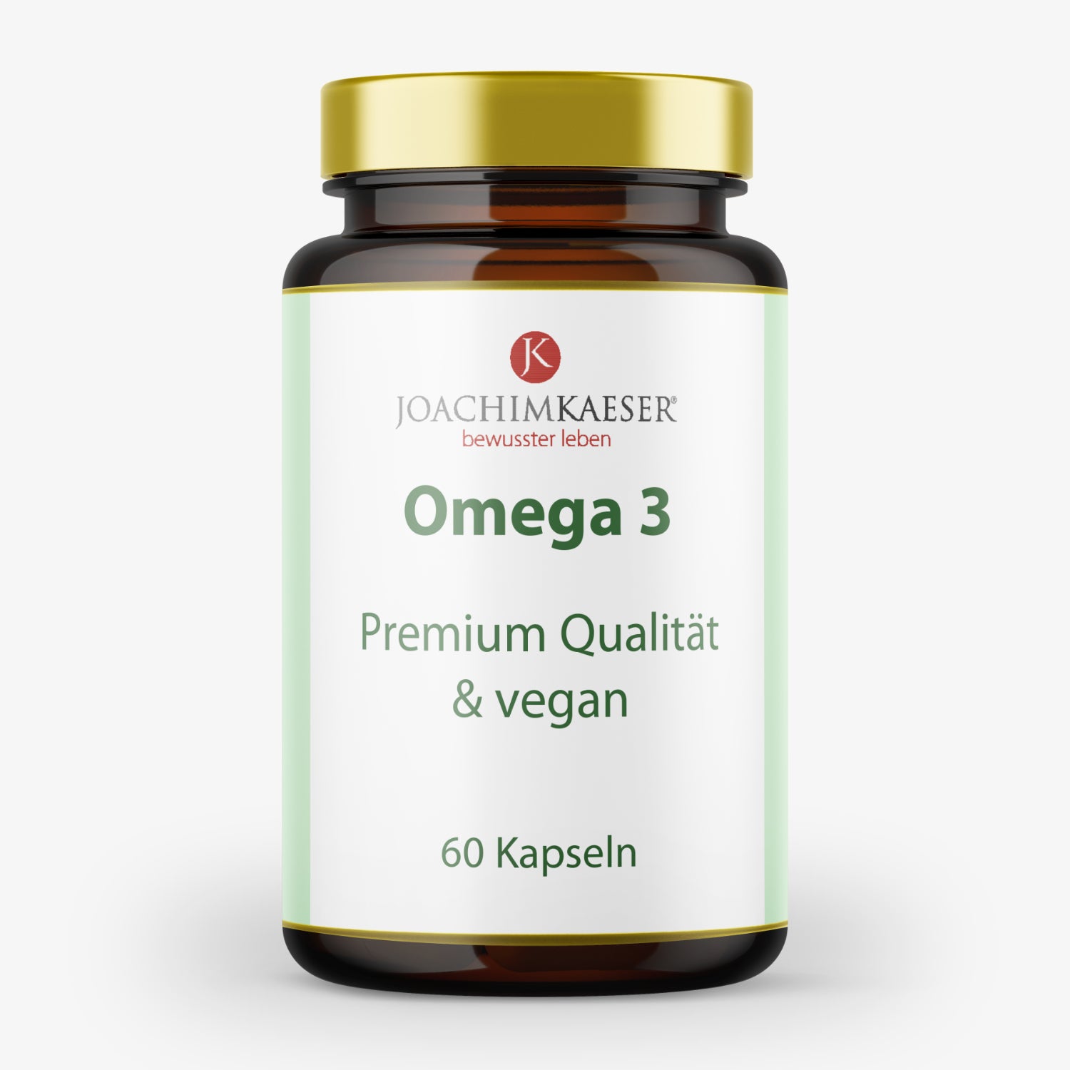 Braunes Glasbehälter mit goldfarbenem Deckel, etikettiert mit "Omega 3, Premium Qualität & vegan, 60 Kapseln".