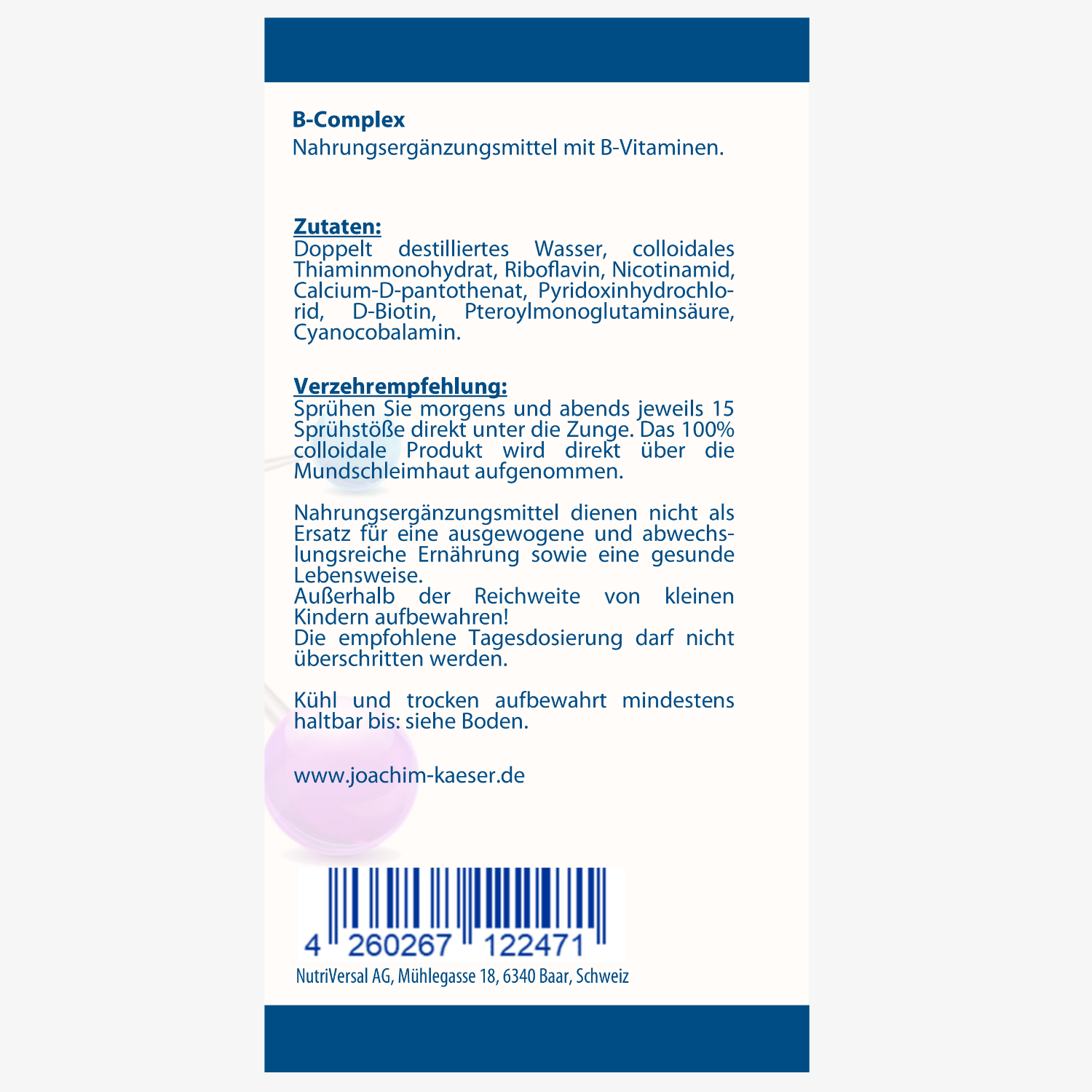 Etikett eines Nahrungsergänzungsmittels mit B-Vitaminen, Zutaten und Verzehrempfehlung, Barcode unten.