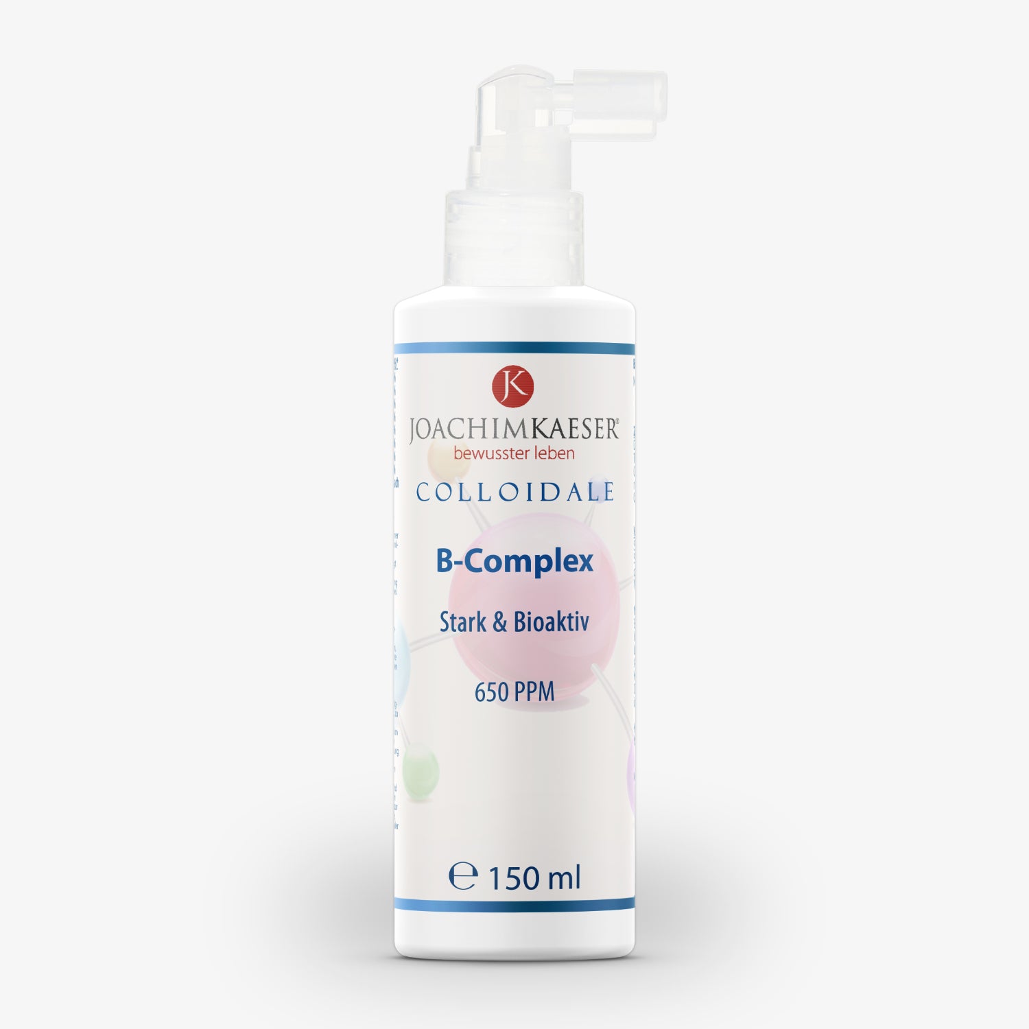 Flasche mit Sprühkopf, enthaltend 150 ml Joachim Kaeser Colloidale B-Complex, Stark & Bioaktiv, 650 PPM.