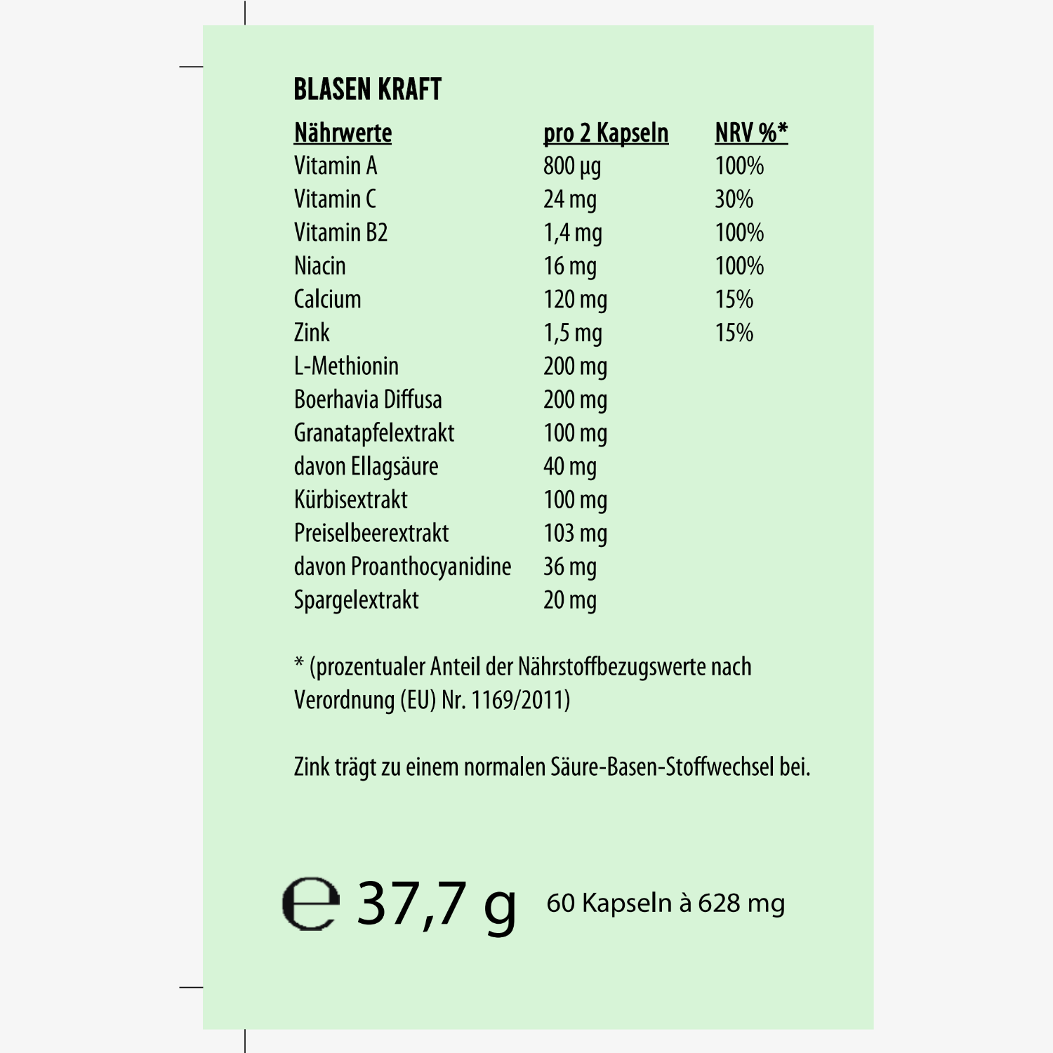 Etikett mit Nährwerten und Inhaltsstoffen für "Blasen Kraft" Kapseln, 37,7 g, 60 Kapseln à 628 mg.
