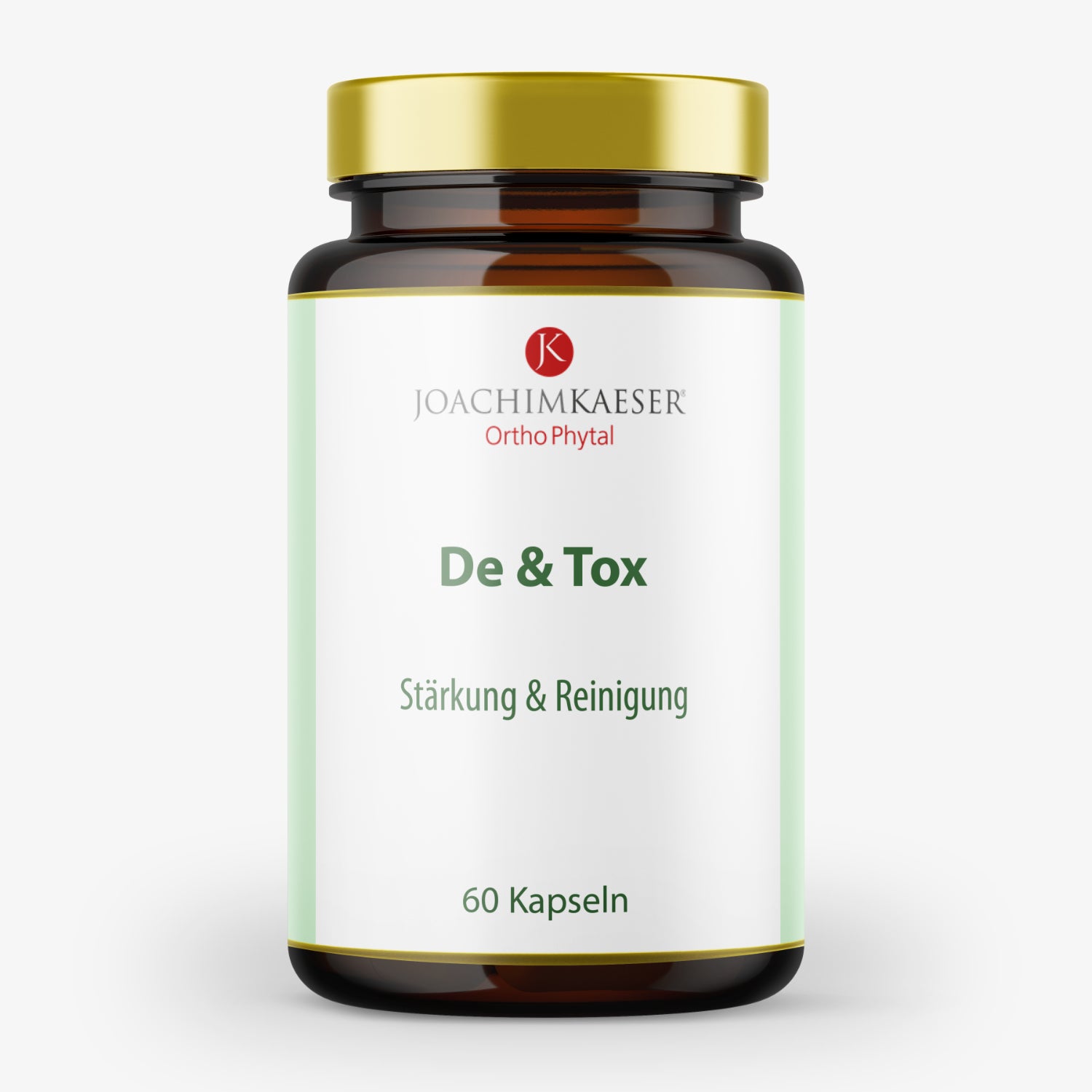 Braunes Glas mit goldenem Deckel, beschriftet mit "De & Tox" und "Stärkung & Reinigung", enthält 60 Kapseln.