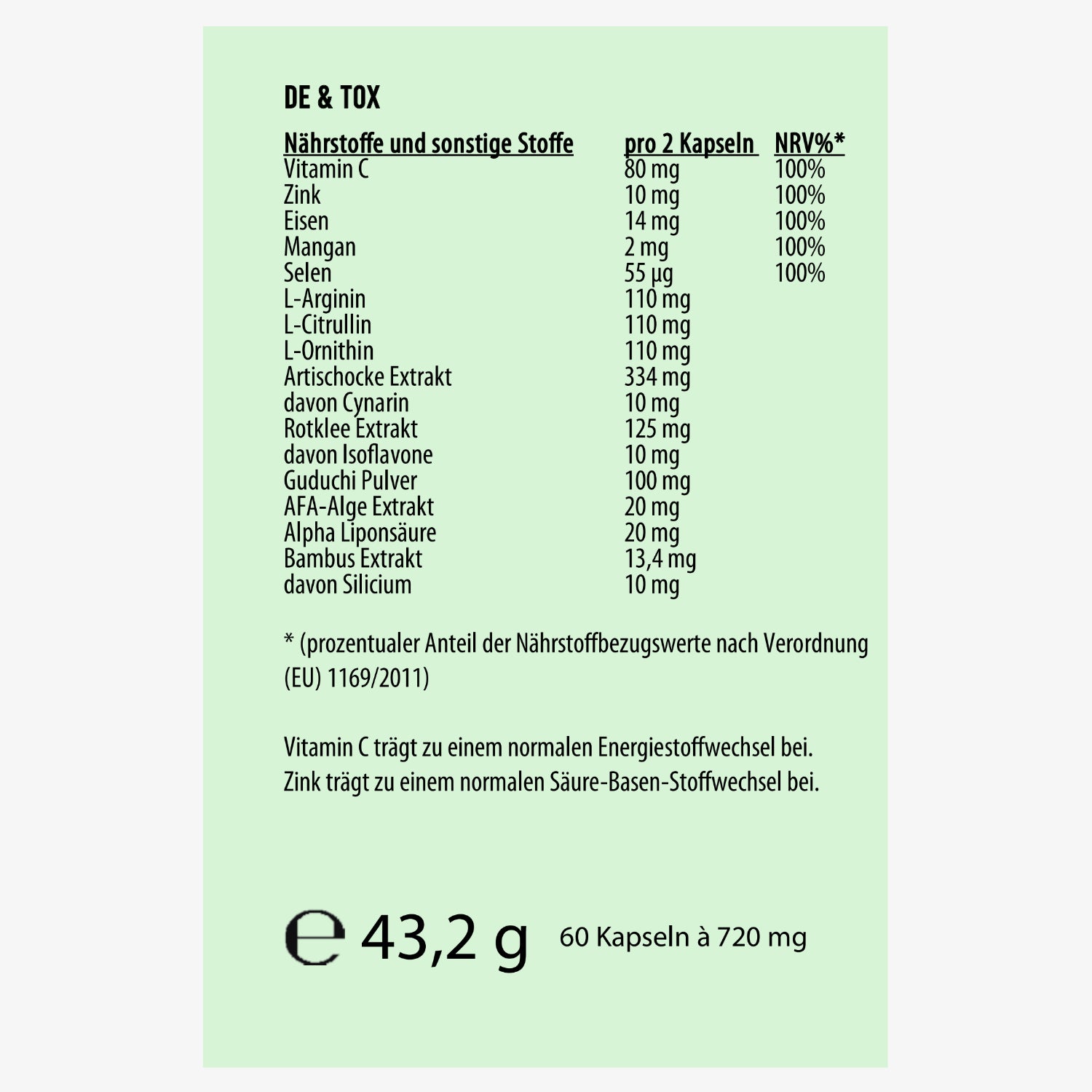 Nahrungsergänzungsmittel-Etikett mit Inhaltsstoffen und deren Mengen pro 2 Kapseln sowie Nährstoffbezugswerte in Prozent.
