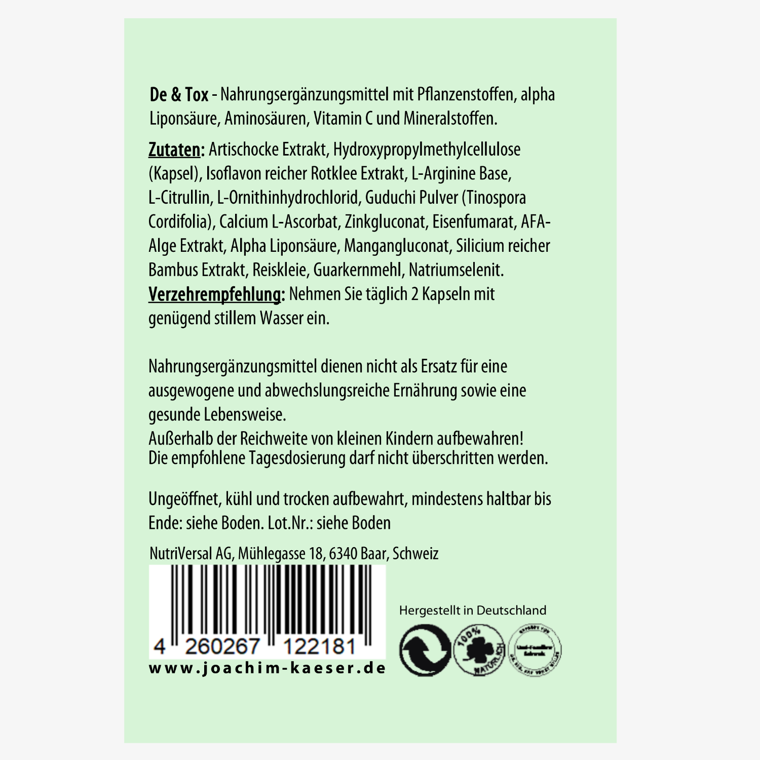 Etikett eines Nahrungsergänzungsmittels mit Inhaltsstoffen, Verzehrempfehlung und Herstellerinformationen aus Deutschland.