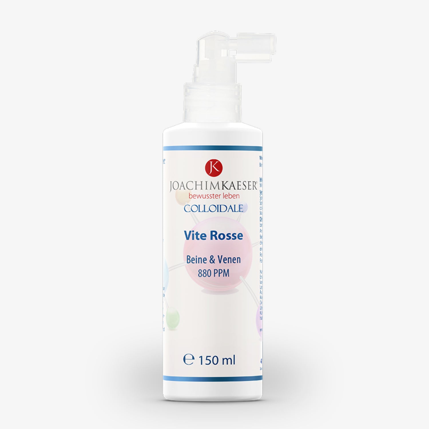 Flasche mit 150 ml Spray von Joachim Kaeser, Vite Rosse, für Beine und Venen, mit 880 PPM auf weißem Hintergrund.
