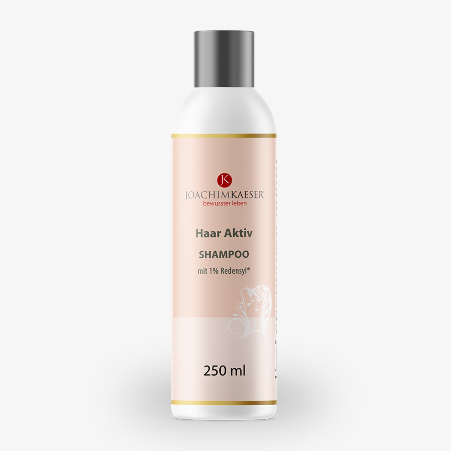 Flasche eines Haar Aktiv Shampoos mit 250 ml, Markenname "Joachim Kaeser", enthält 1% Redensyl.