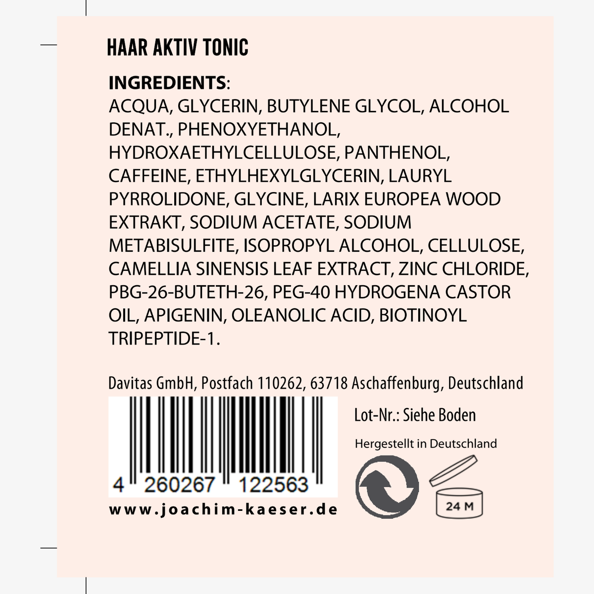 Produktetikett 'Haar Aktiv Tonic' mit Zutatenliste, Barcode und Herstellerangabe Davitas GmbH.