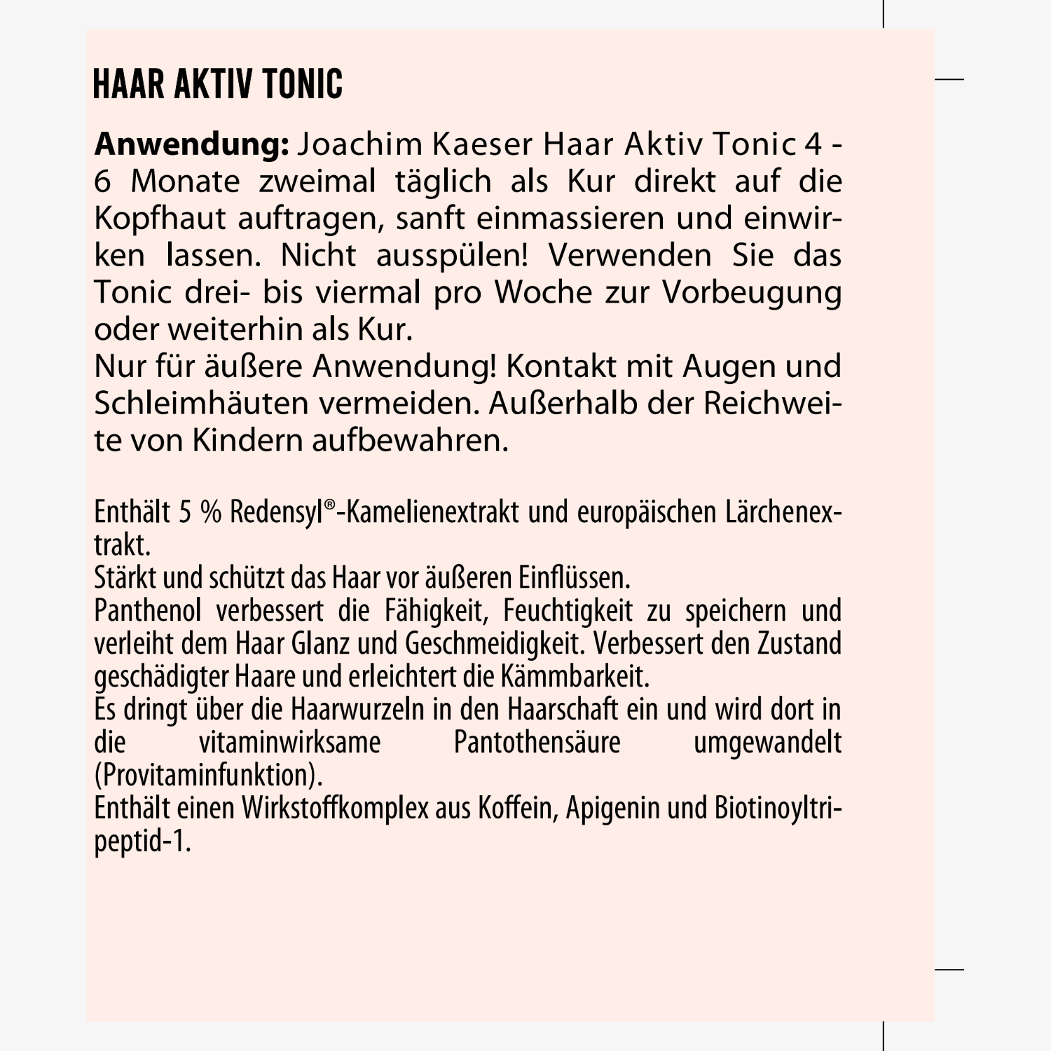 Beschreibung der Anwendung und Inhaltsstoffe eines Haar-Aktiv-Tonics von Joachim Kaeser auf einem beigen Hintergrund.