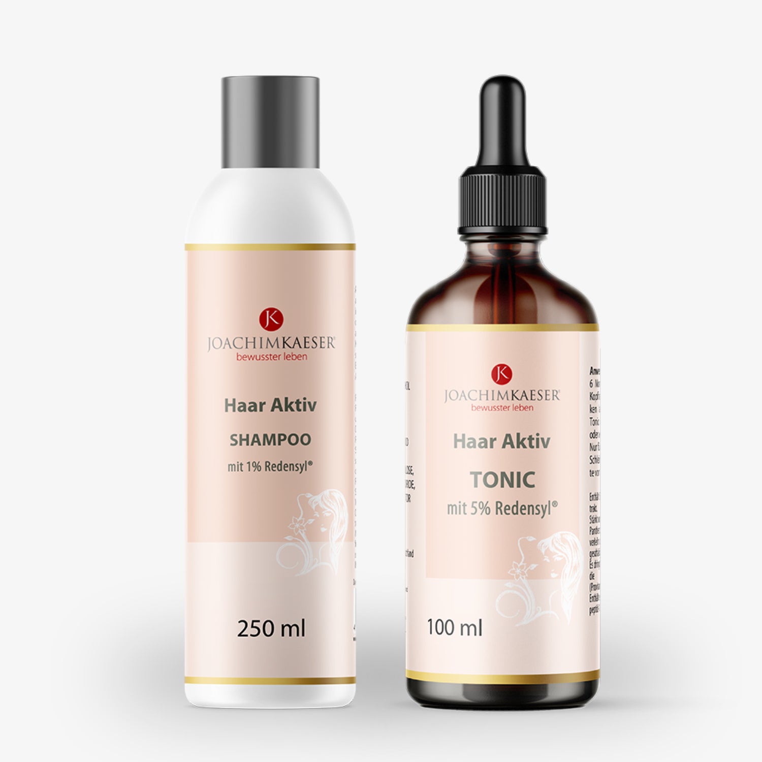 Zwei Haarpflegeprodukte von Joachim Kaeser: ein Shampoo (250 ml) und ein Tonic (100 ml) mit Redensyl.