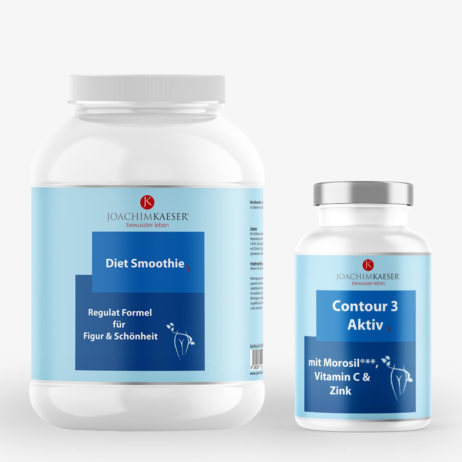 Zwei weiße Behälter mit blauen Etiketten, die Joachim Kaeser Diätprodukte bewerben: Diet Smoothie und Contour 3 Aktiv.