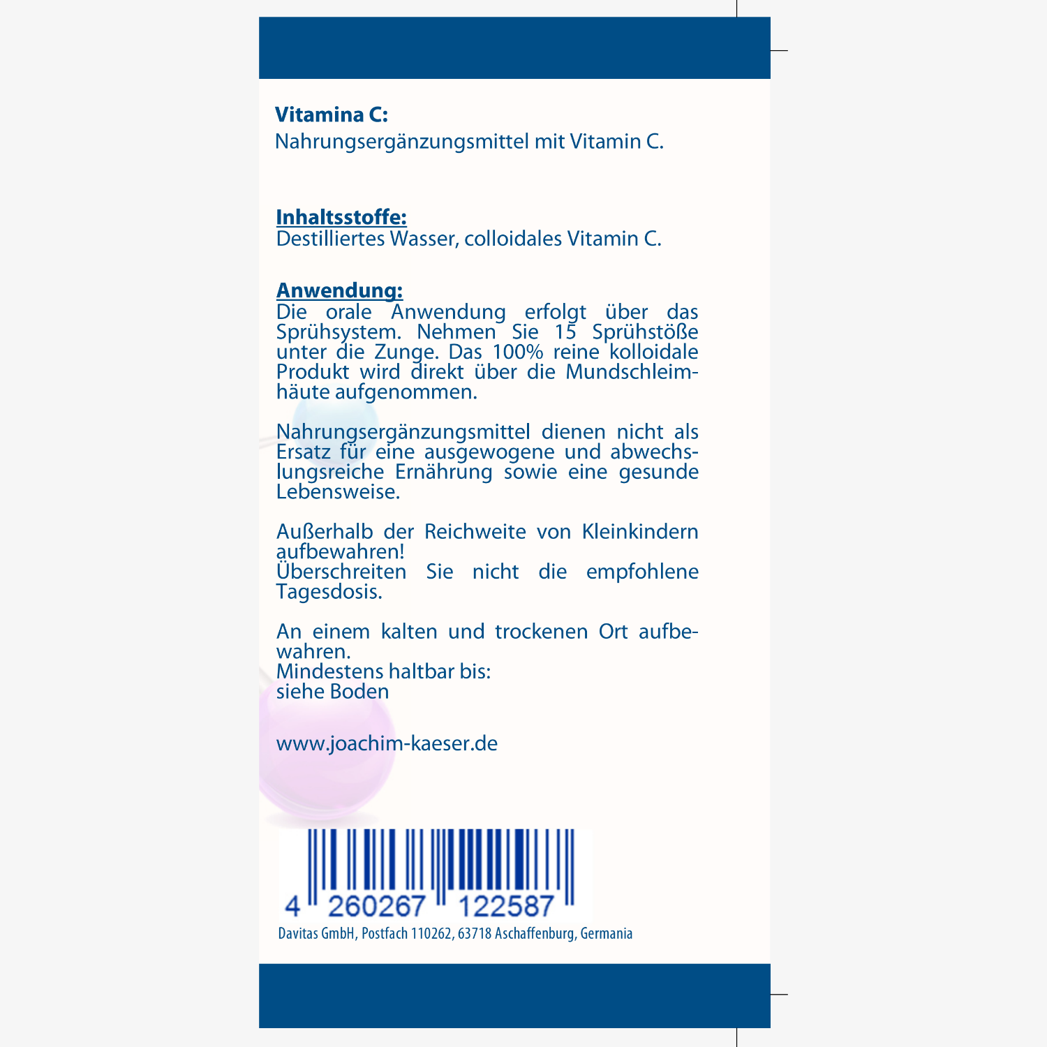 Beschriftung einer Nahrungsergänzungsmittelverpackung mit Vitamin C, Inhaltsstoffen, Anwendungshinweisen und Lagerungsempfehlung.