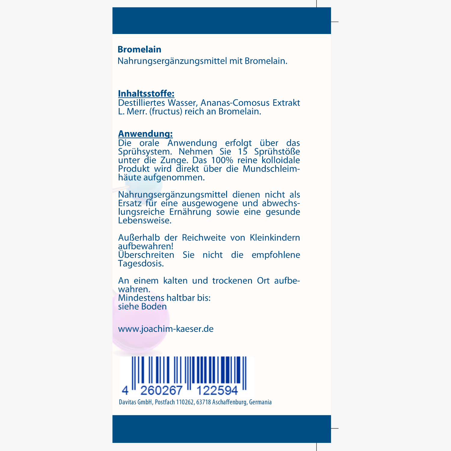 Etikett eines Nahrungsergänzungsmittels mit Bromelain, enthält Inhaltsstoffe und Anwendungshinweise.