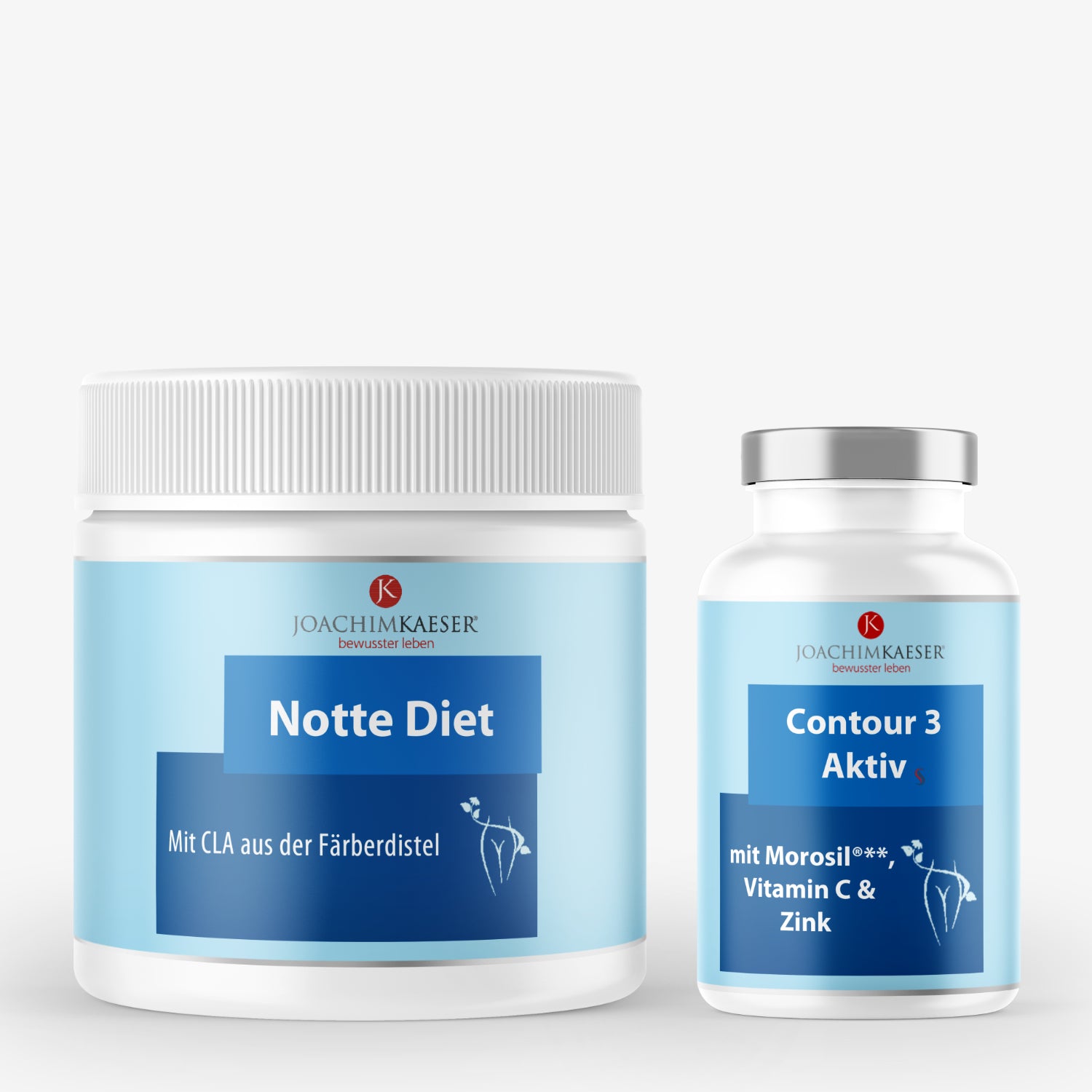 Zwei blau-weiße Nahrungsergänzungsbehälter von Joachim Kaeser mit der Aufschrift "Notte Diet" und "Contour 3 Aktiv".