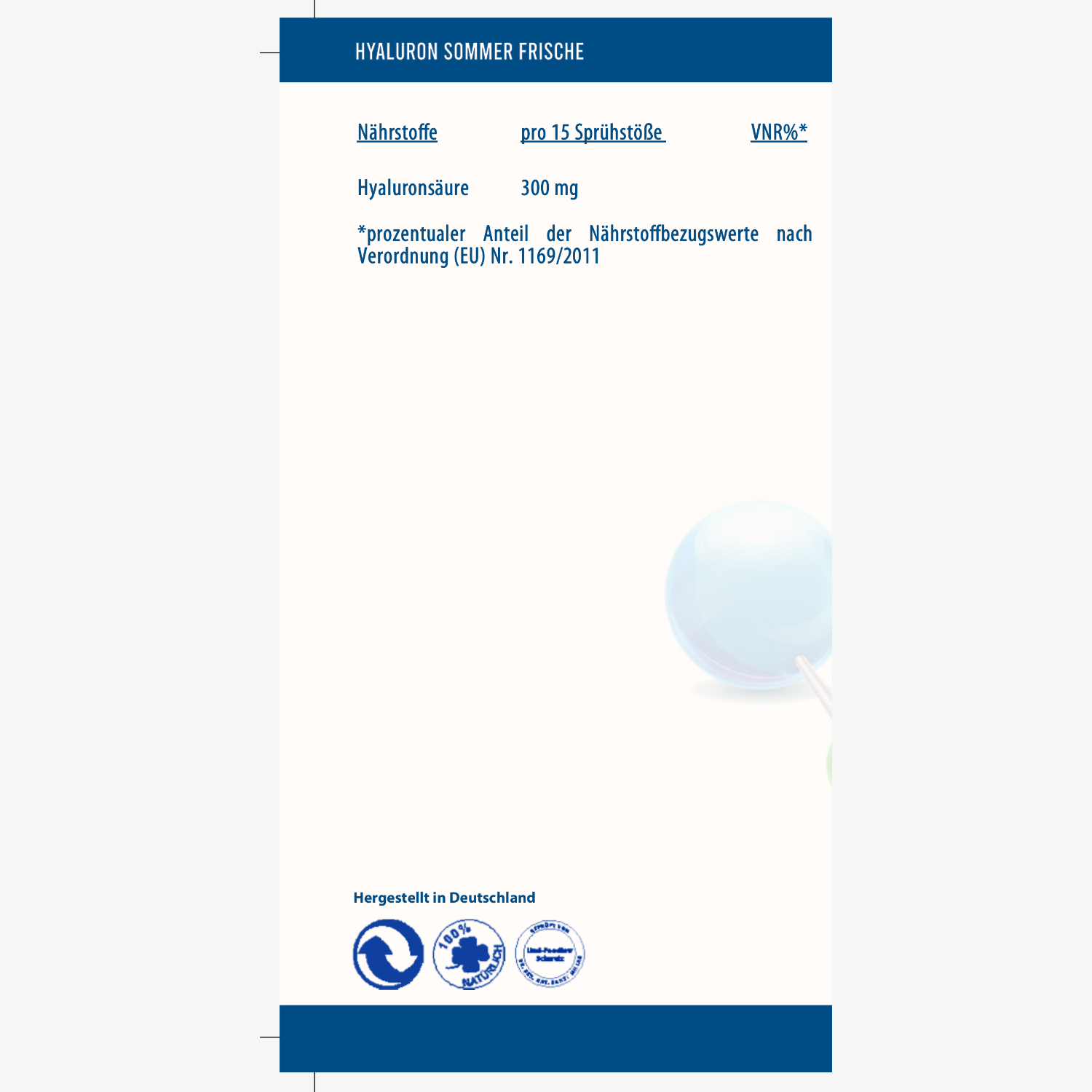 Etikett eines Produkts mit Hyaluronsäure, 300 mg pro 15 Sprühstöße, hergestellt in Deutschland, mit Gütesiegeln.