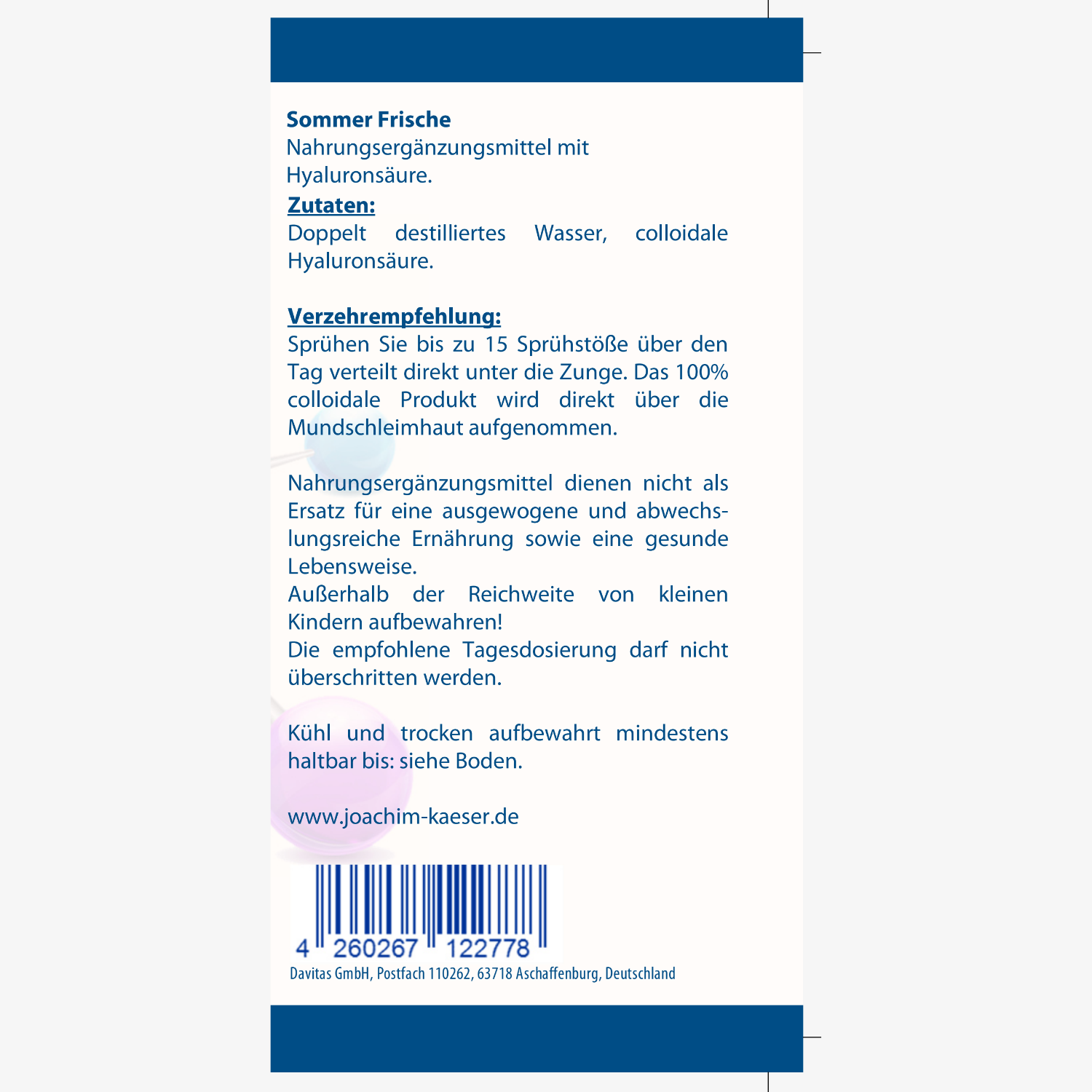 Etikett eines Nahrungsergänzungsmittels mit Hyaluronsäure, Verzehrempfehlung und Zutatenliste, Sommer Frische.