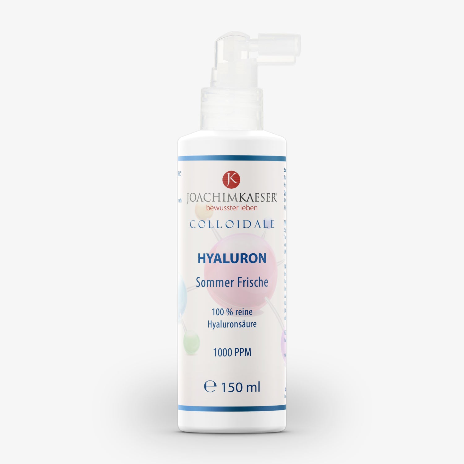 Flasche Joachimkaeser Hyaluron "Sommer Frische" Lösung, 150 ml, 100 % reine Hyaluronsäure, 1000 PPM.