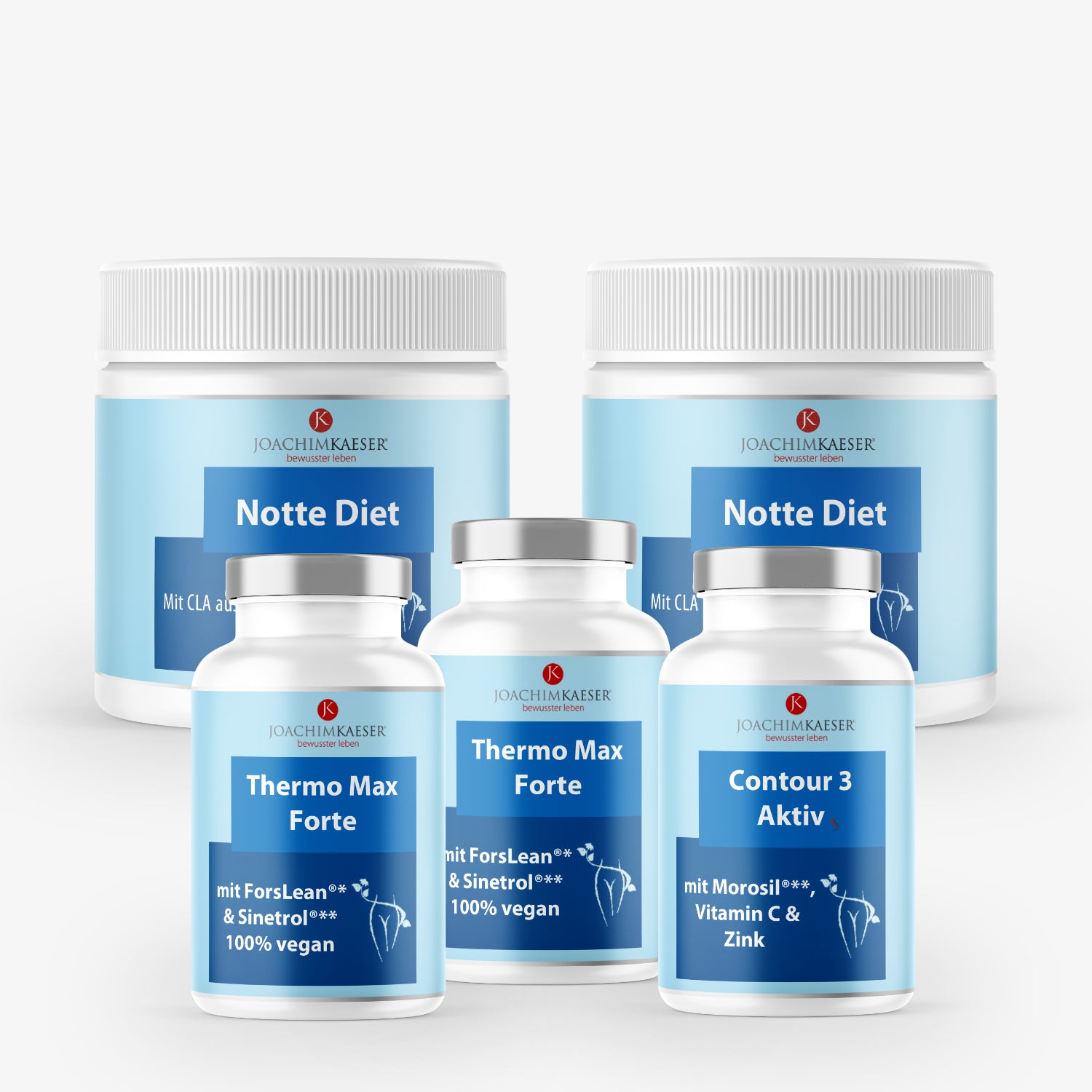 Fünf Nahrungsergänzungsmittel in blau-weißen Behältern mit den Aufschriften "Notte Diet", "Thermo Max Forte" und "Contour 3 Aktiv".