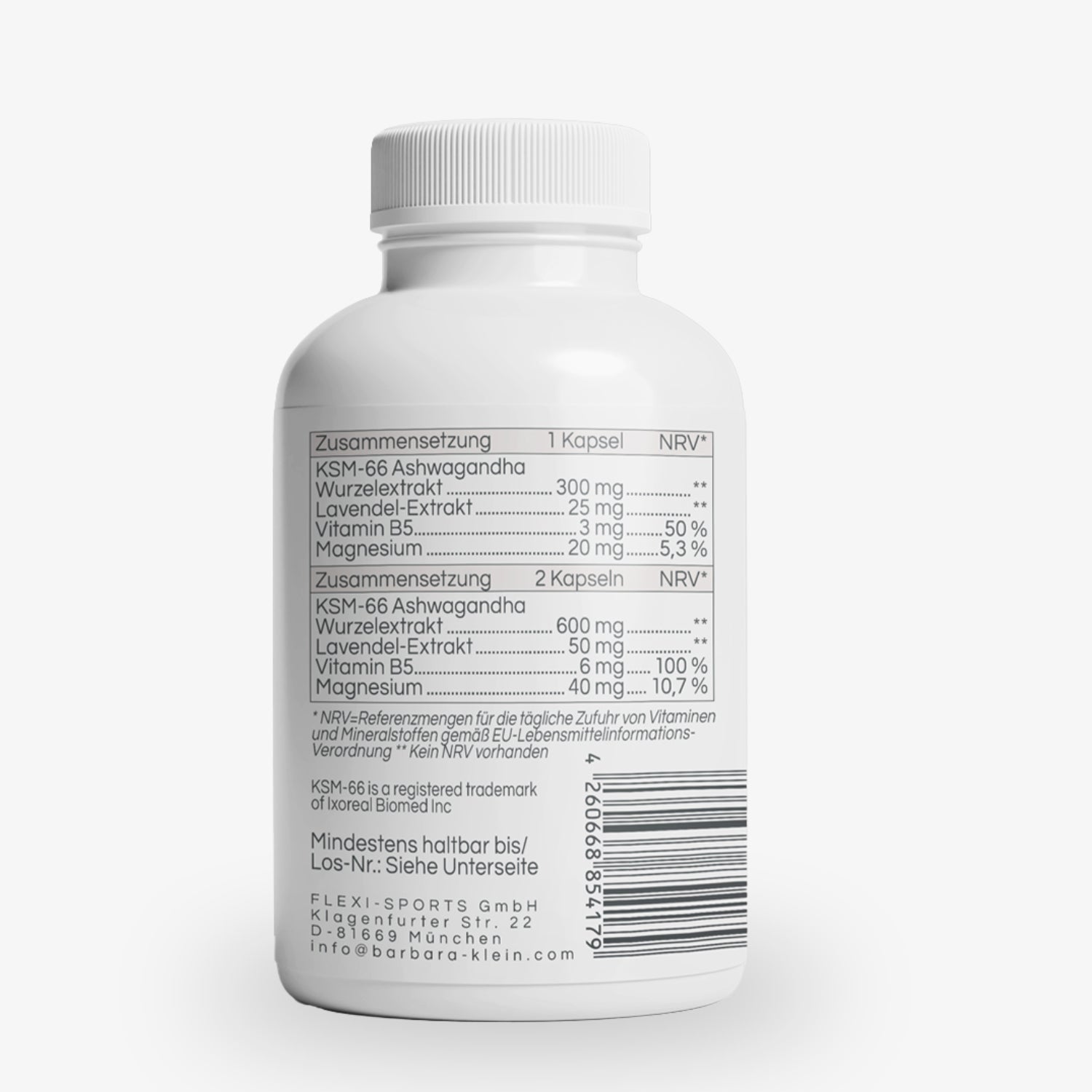 Weiße Flasche mit Etikett, das die Zusammensetzung von Nahrungsergänzungsmitteln und Herstellerinformationen zeigt.