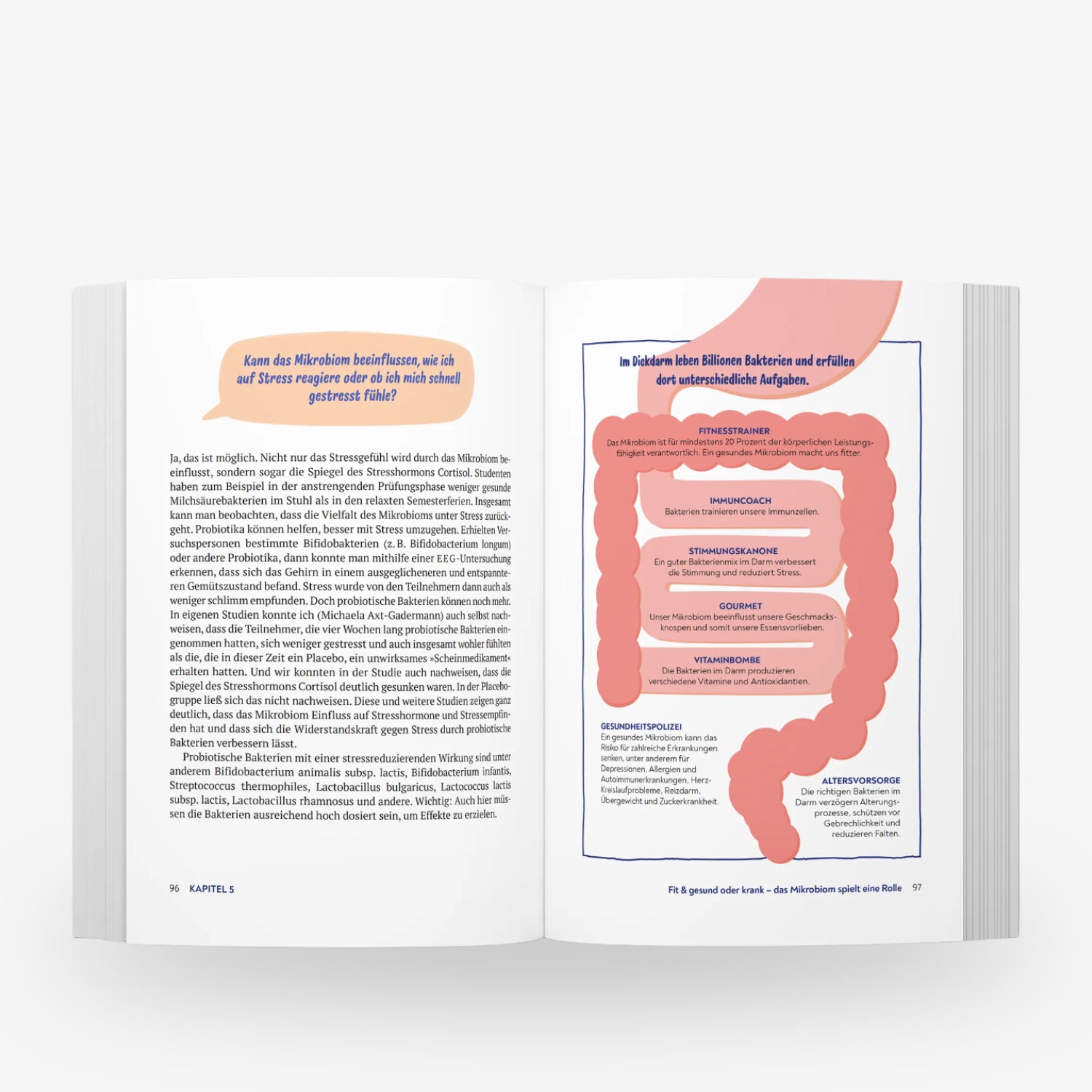 Offenes Buch mit Text über das Mikrobiom, inklusive Diagramm des Dickdarms mit Bakterienrollen auf der rechten Seite.