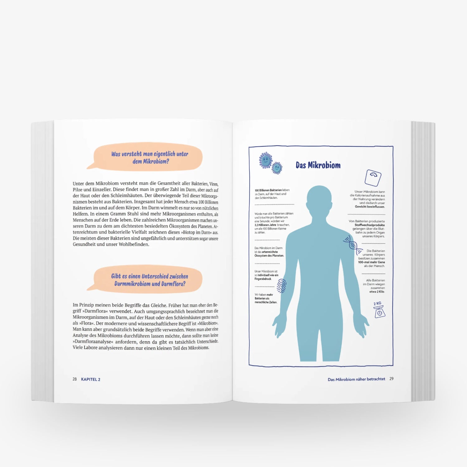 Aufgeschlagenes Buch mit Illustrationen und Text über das Mikrobiom, einschließlich einer menschlichen Silhouette.